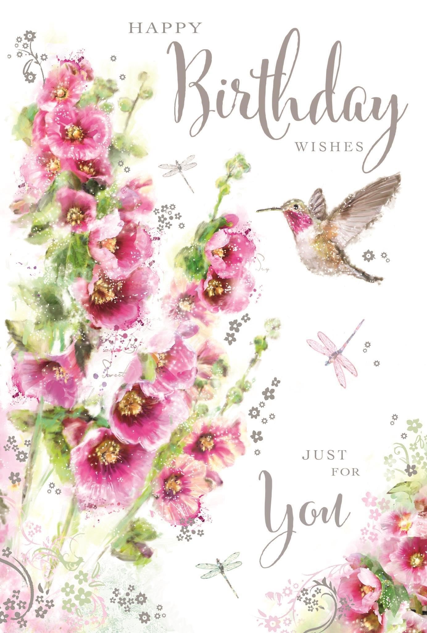Front of Open Female Birthday Hollyhock Greetings Card