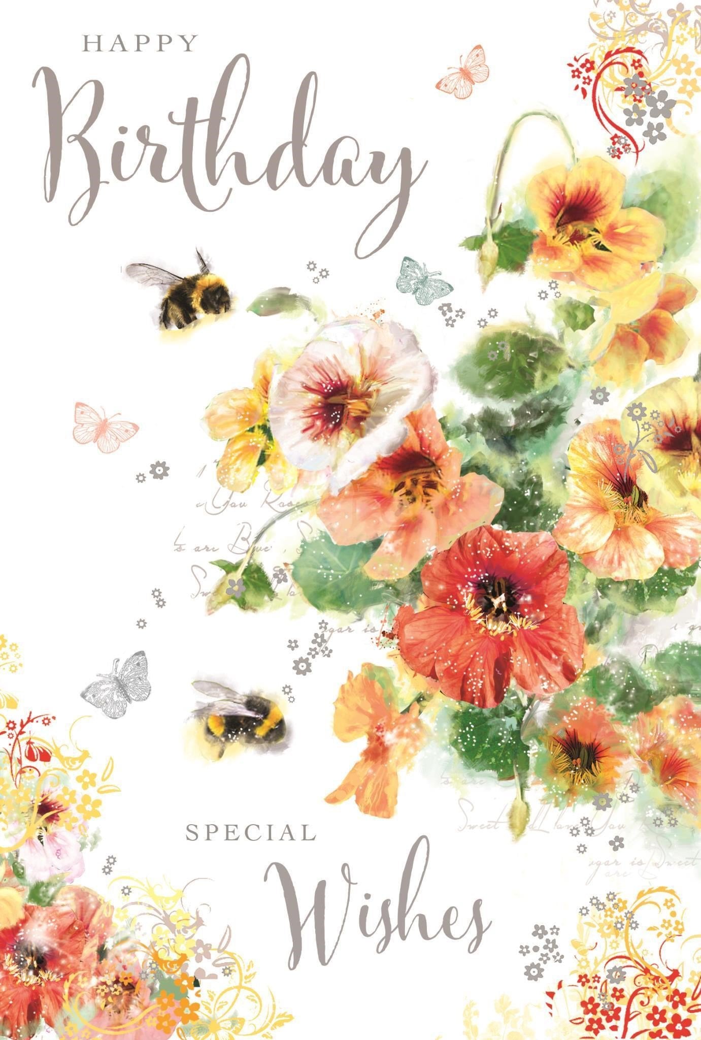 Front of Open Female Birthday Nasturtium Greetings Card