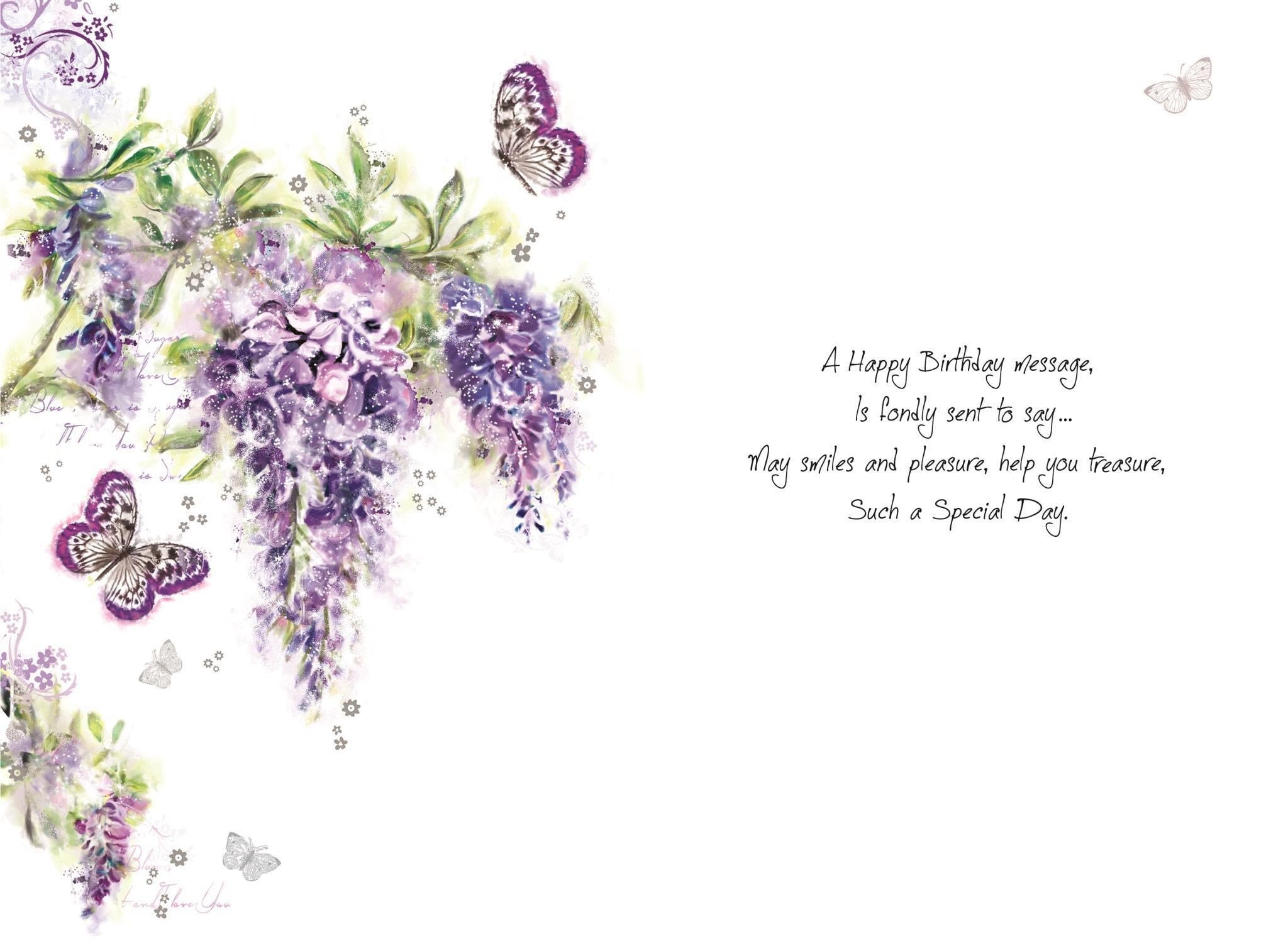 Inside of Open Female Birthday Wisteria Greetings Card