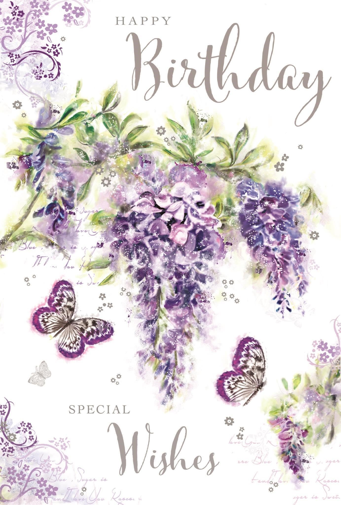Front of Open Female Birthday Wisteria Greetings Card