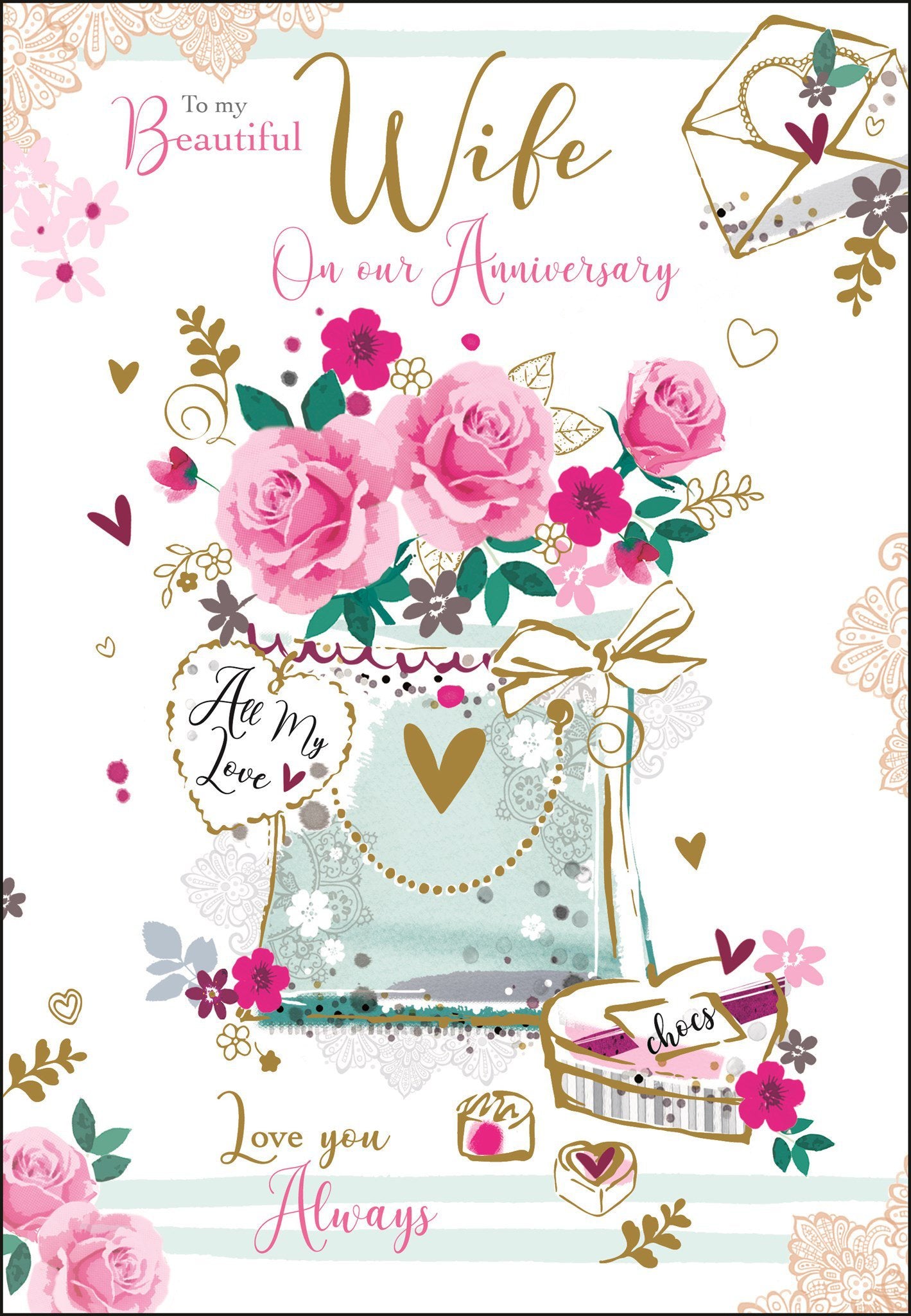 Front of Anniversary Wife Bag Flowers Greetings Card