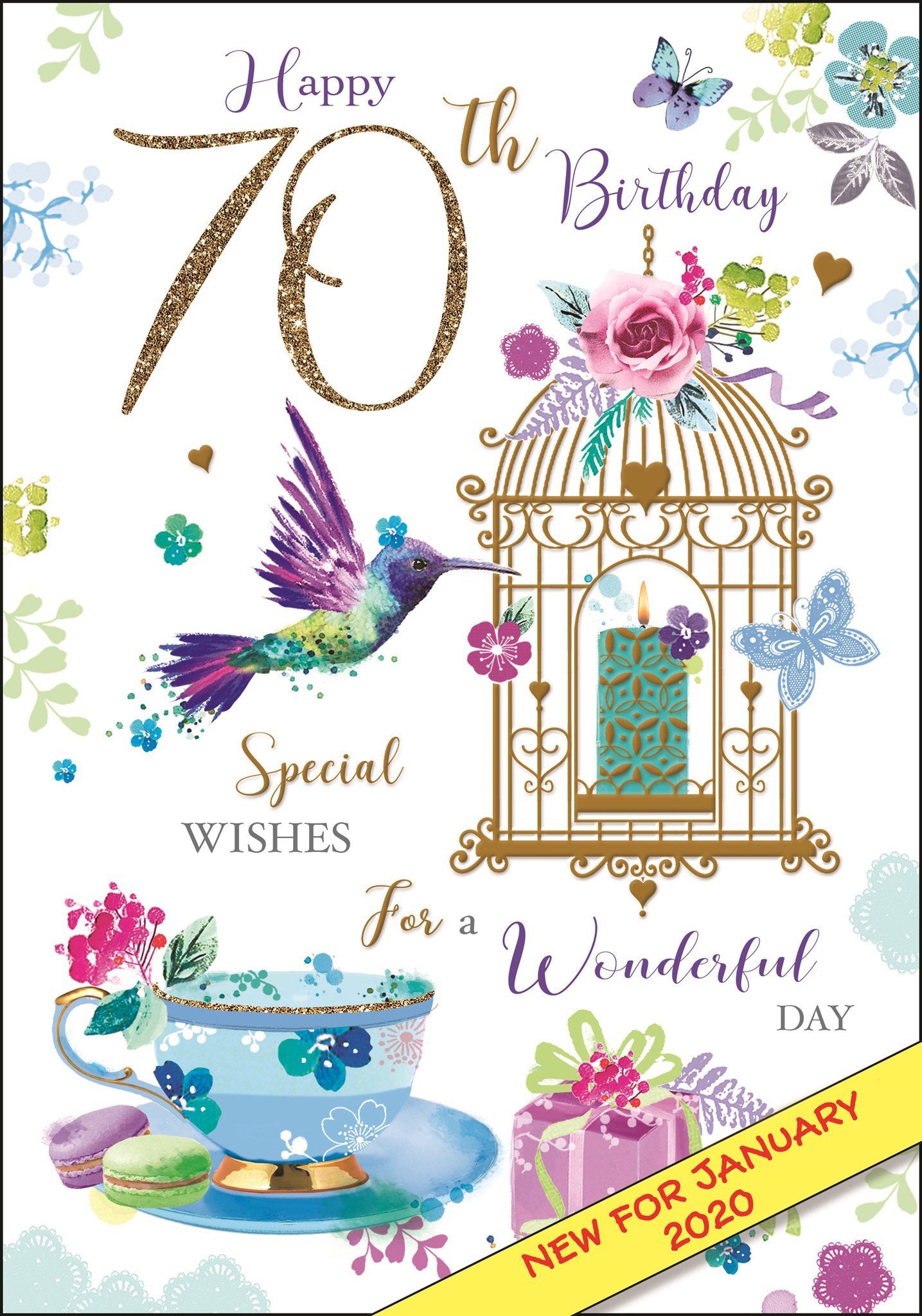 Front of 70th Birthday Bird Cage Greetings Card