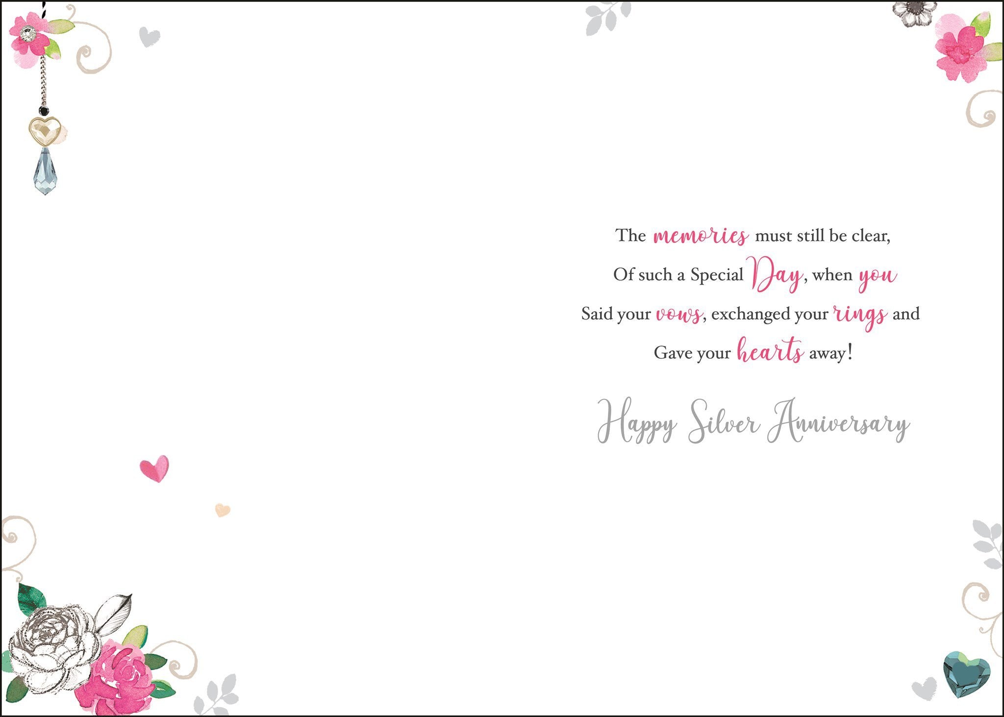 Inside of Anniversary 25th Silver Hearts Greetings Card