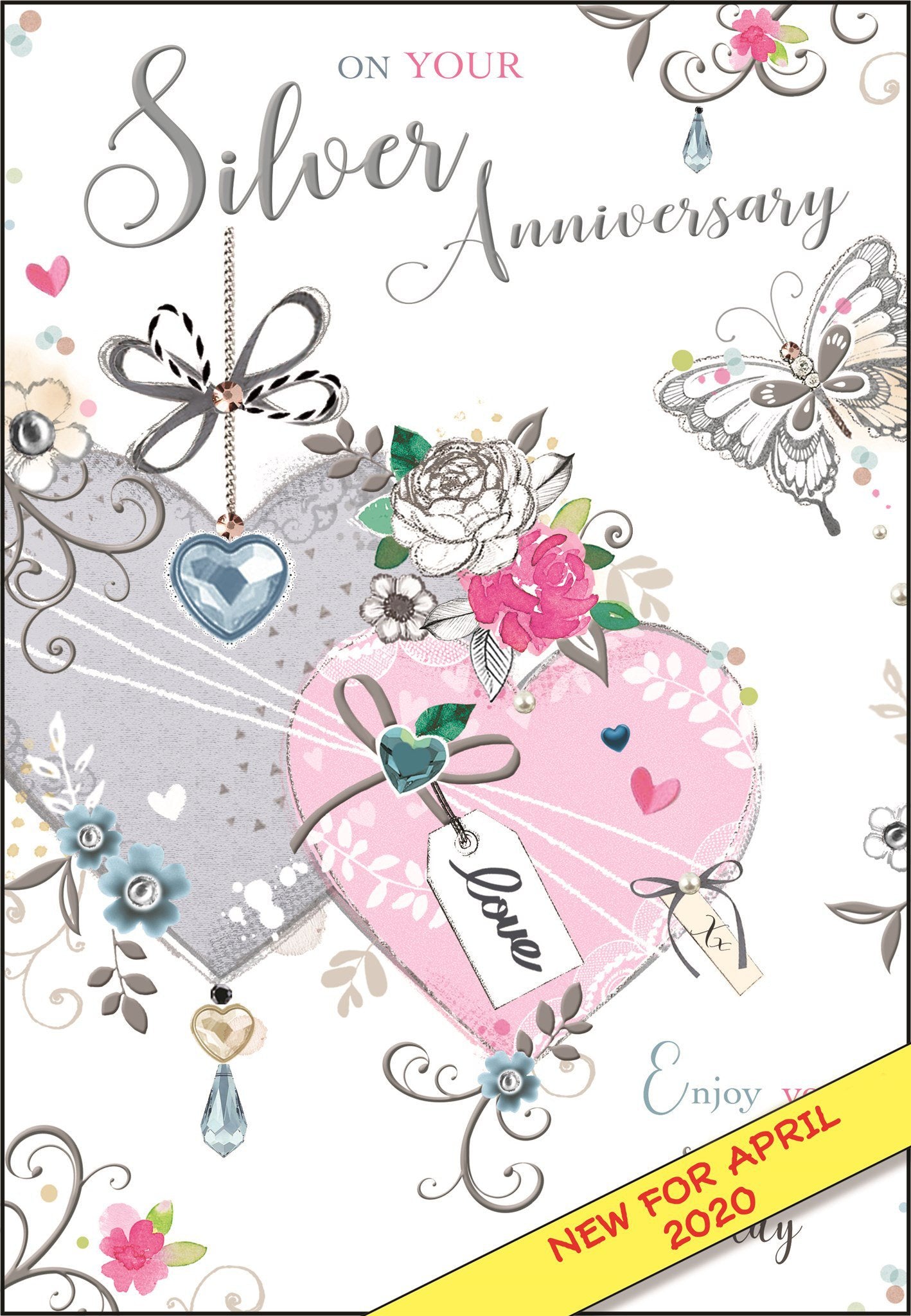 Front of Anniversary 25th Silver Hearts Greetings Card