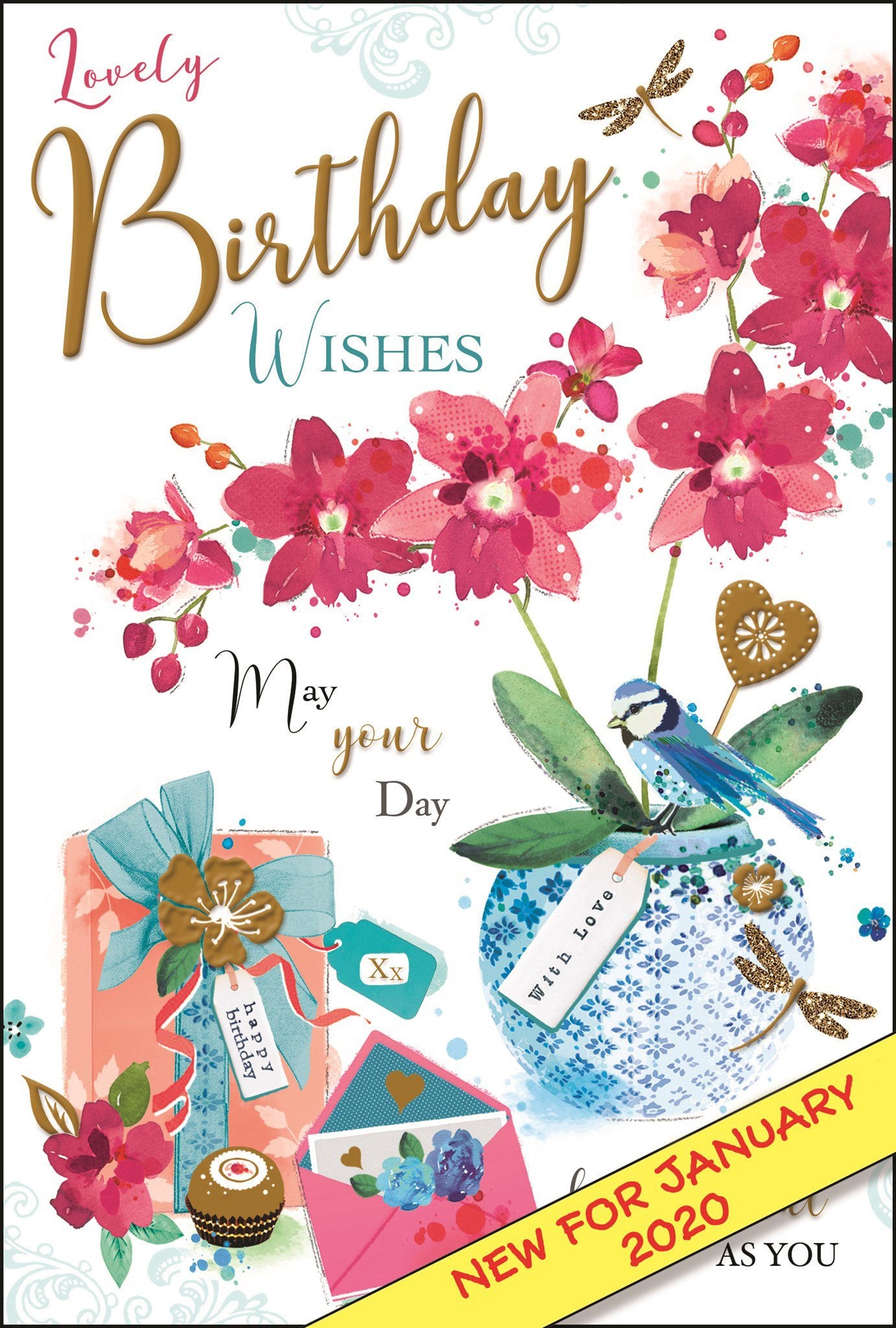 Front of Open Female Birthday Orchid Greetings Card