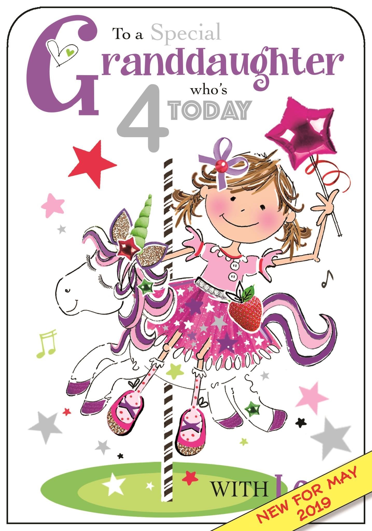 Front of Granddaughter 4th Birthday Unicorn Greetings Card