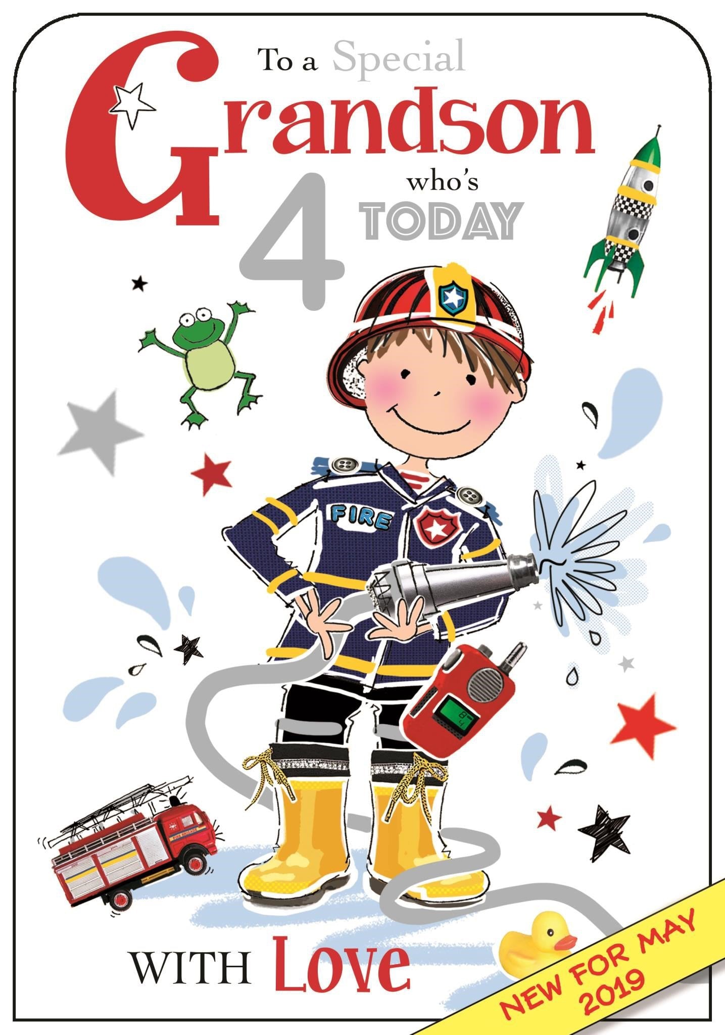 Front of Grandson 4th Birthday Fireman Greetings Card