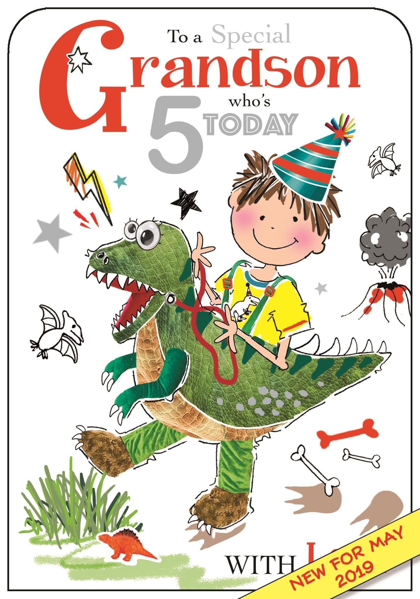 Front of Grandson 5th Birthday Dinosaur Greetings Card
