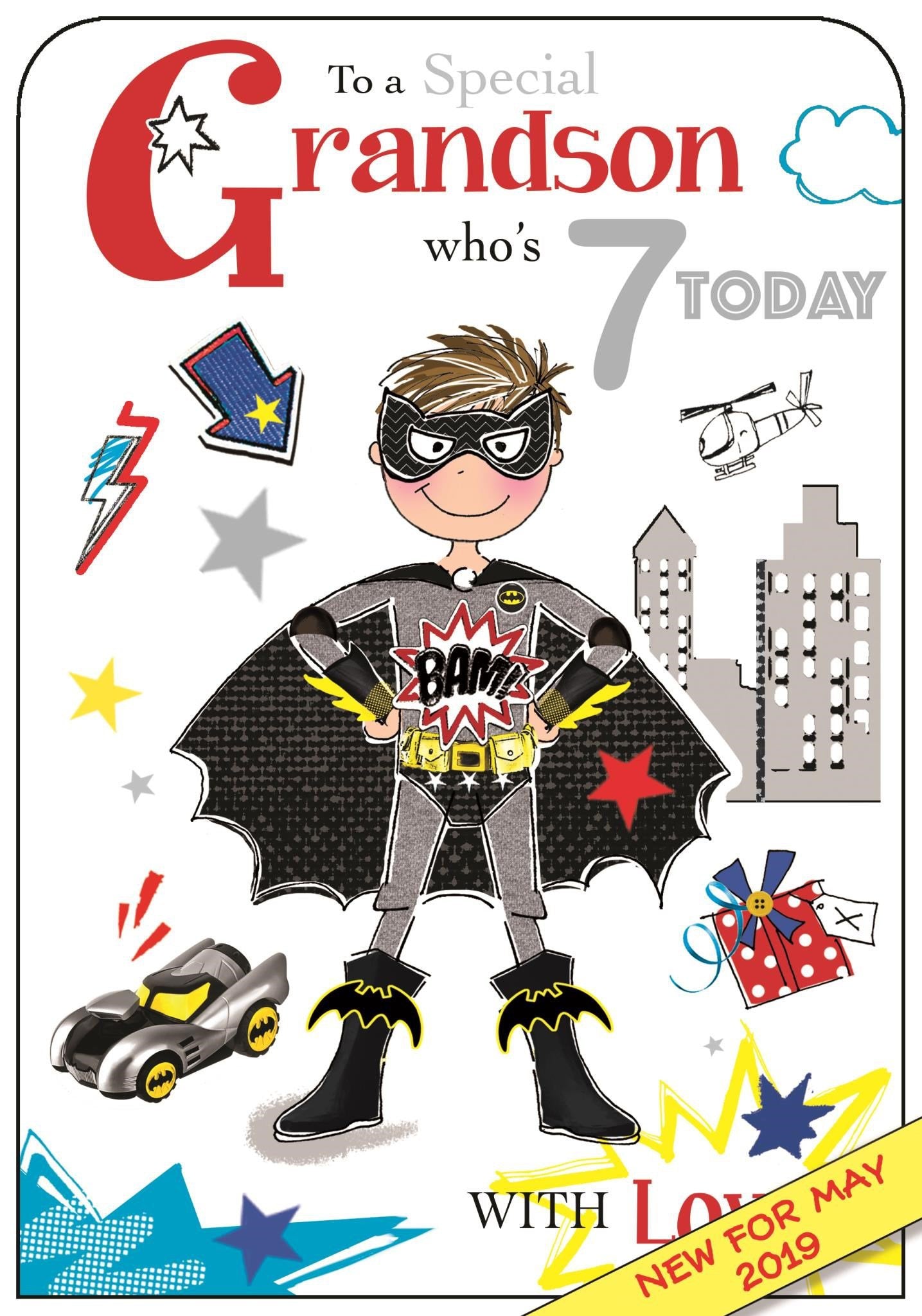 Front of Grandson 7th Birthday Superhero Greetings Card