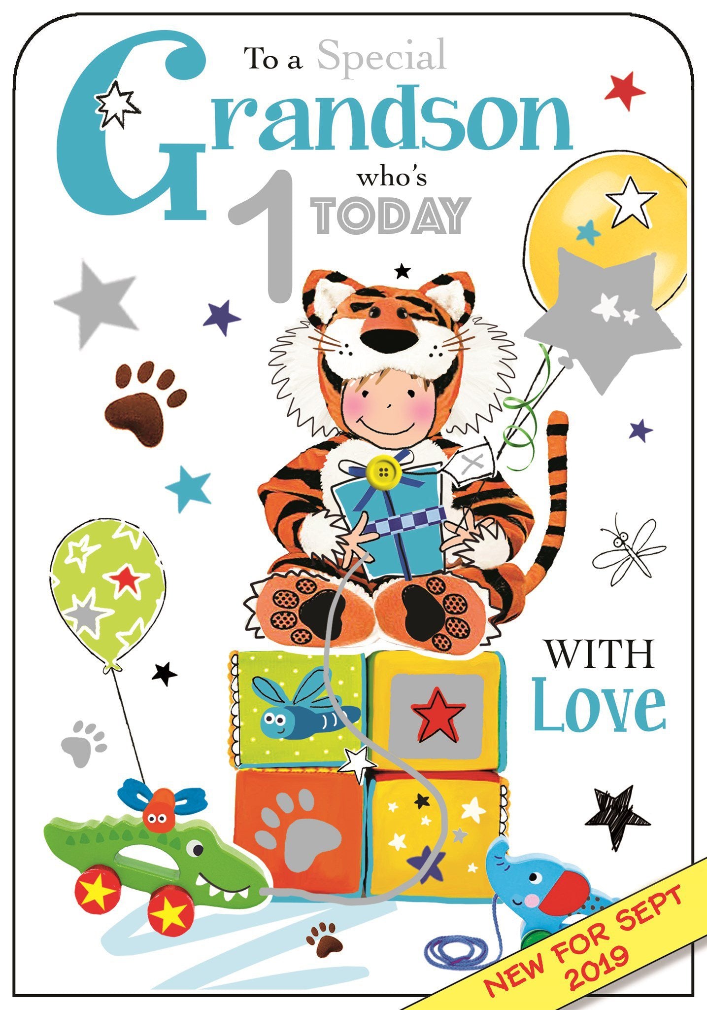 Front of Grandson 1st Birthday Tiger Greetings Card