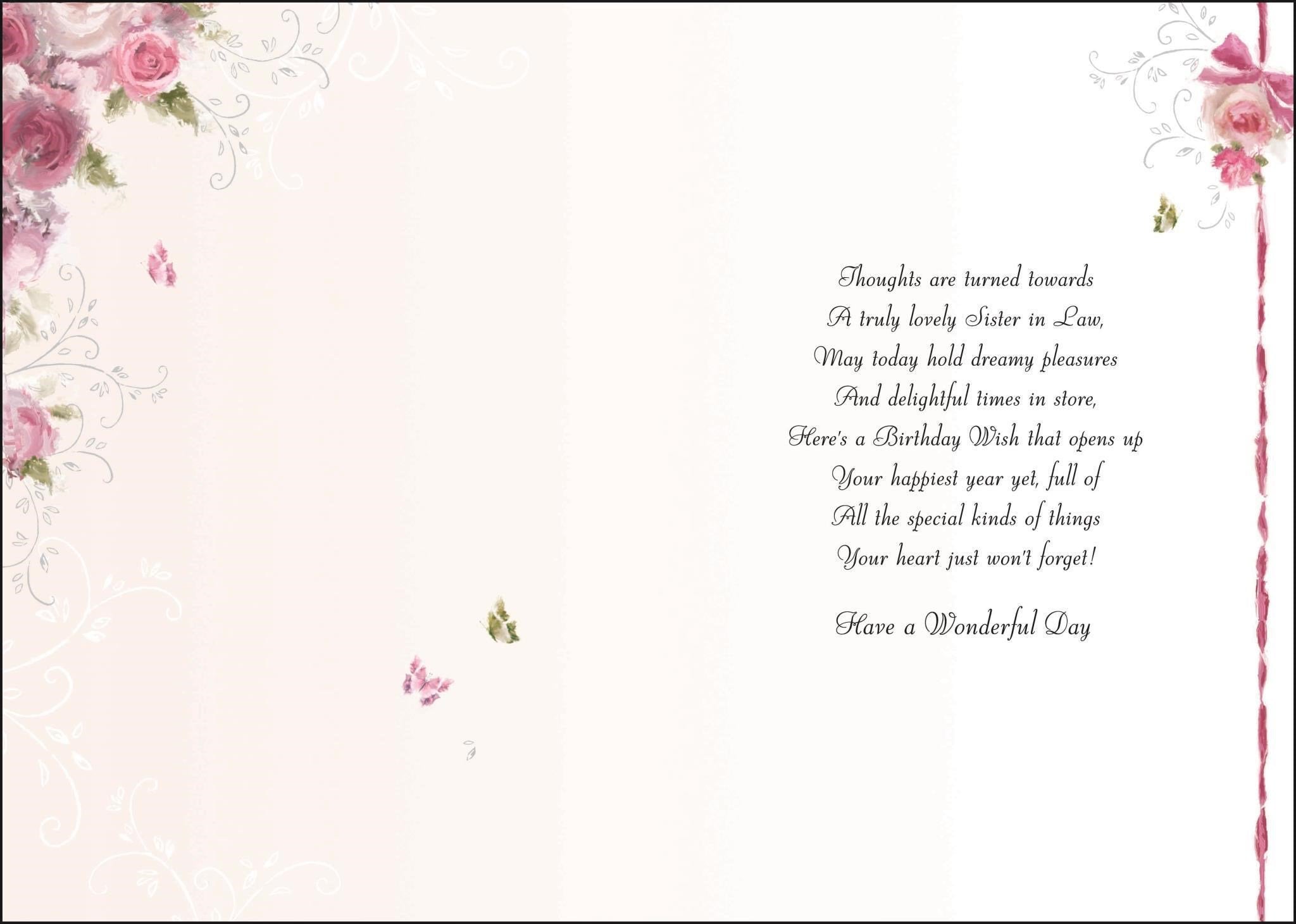 Inside of Sister in Law Birthday Table Greetings Card