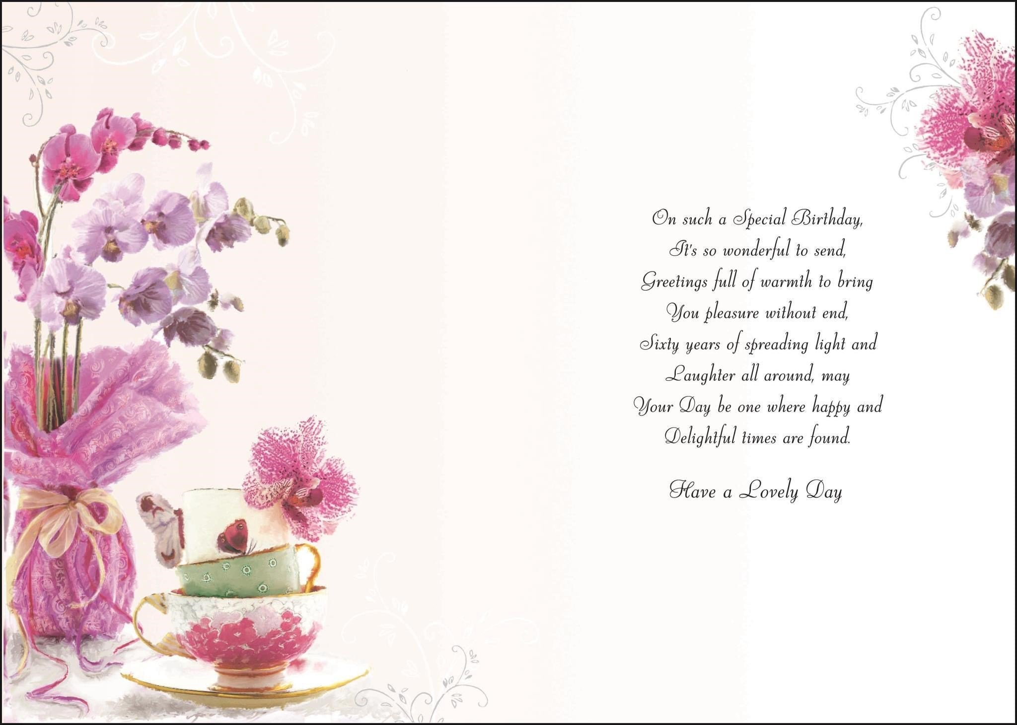 Inside of 60th Birthday Flowers Cups Greetings Card