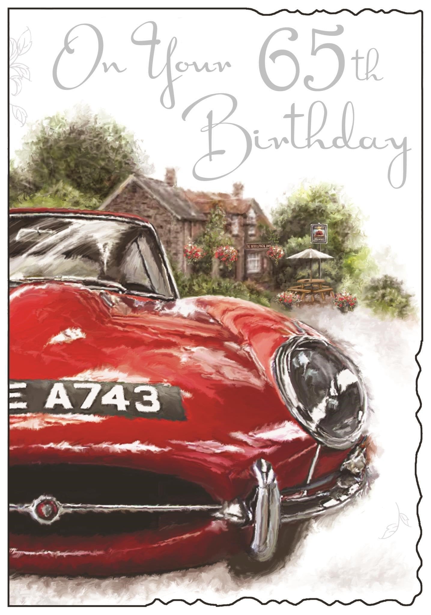 Front of 65th Birthday Sports Car Greetings Card