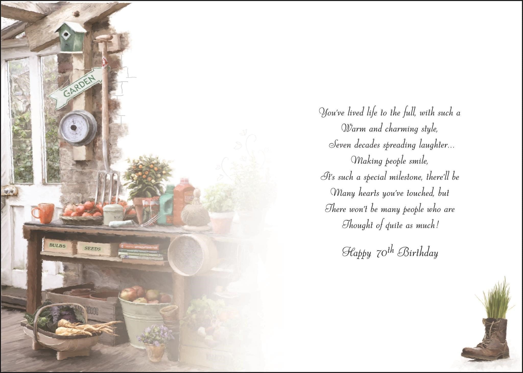 Inside of 70th Birthday Garden Workbench Greetings Card