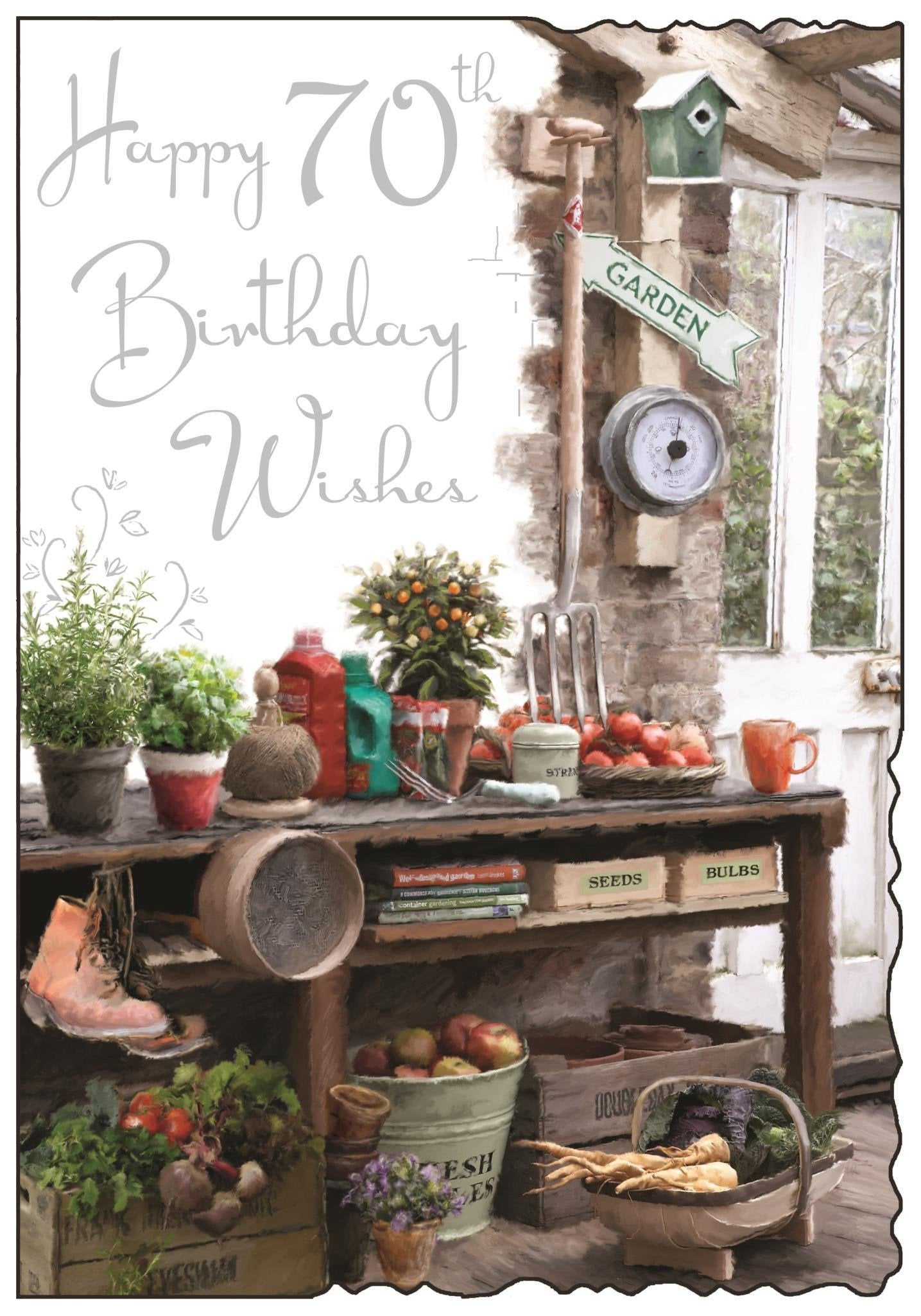 Front of 70th Birthday Garden Workbench Greetings Card