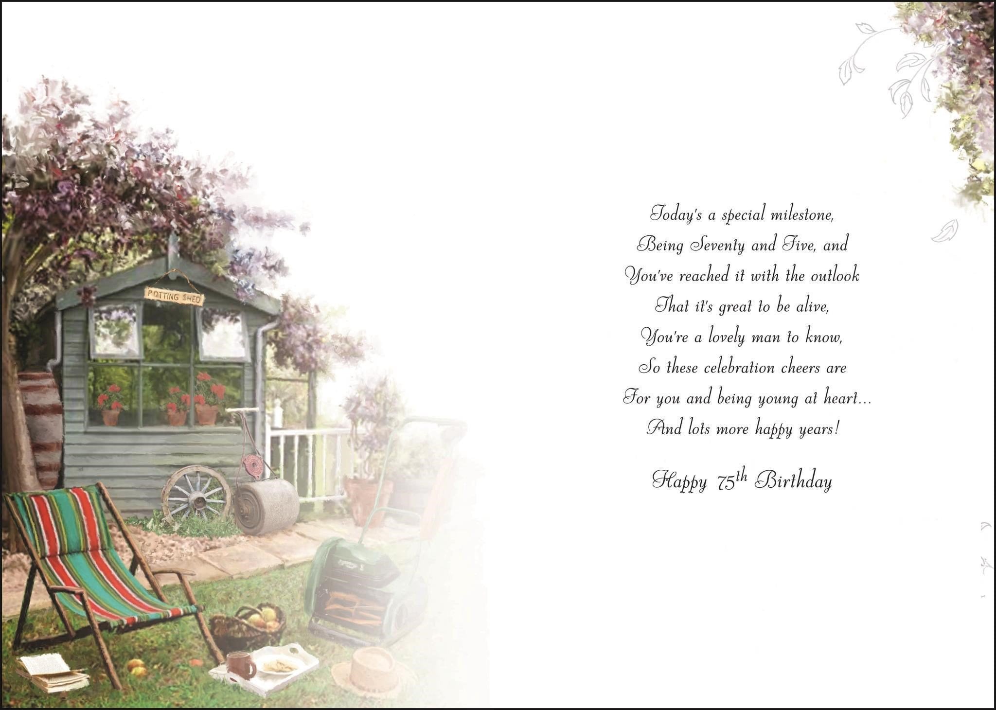 Inside of 75th Birthday Garden Shed Greetings Card