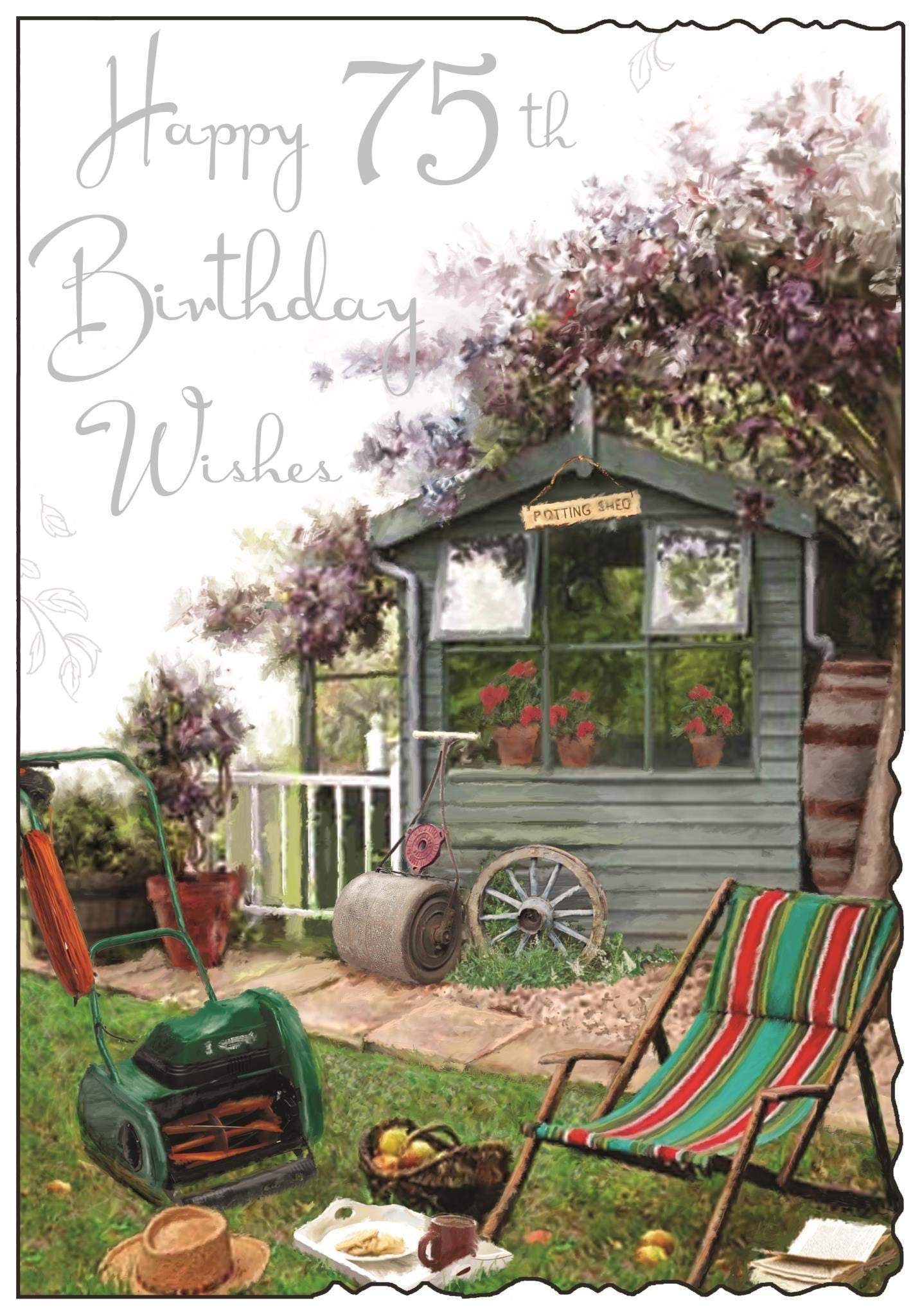 Front of 75th Birthday Garden Shed Greetings Card