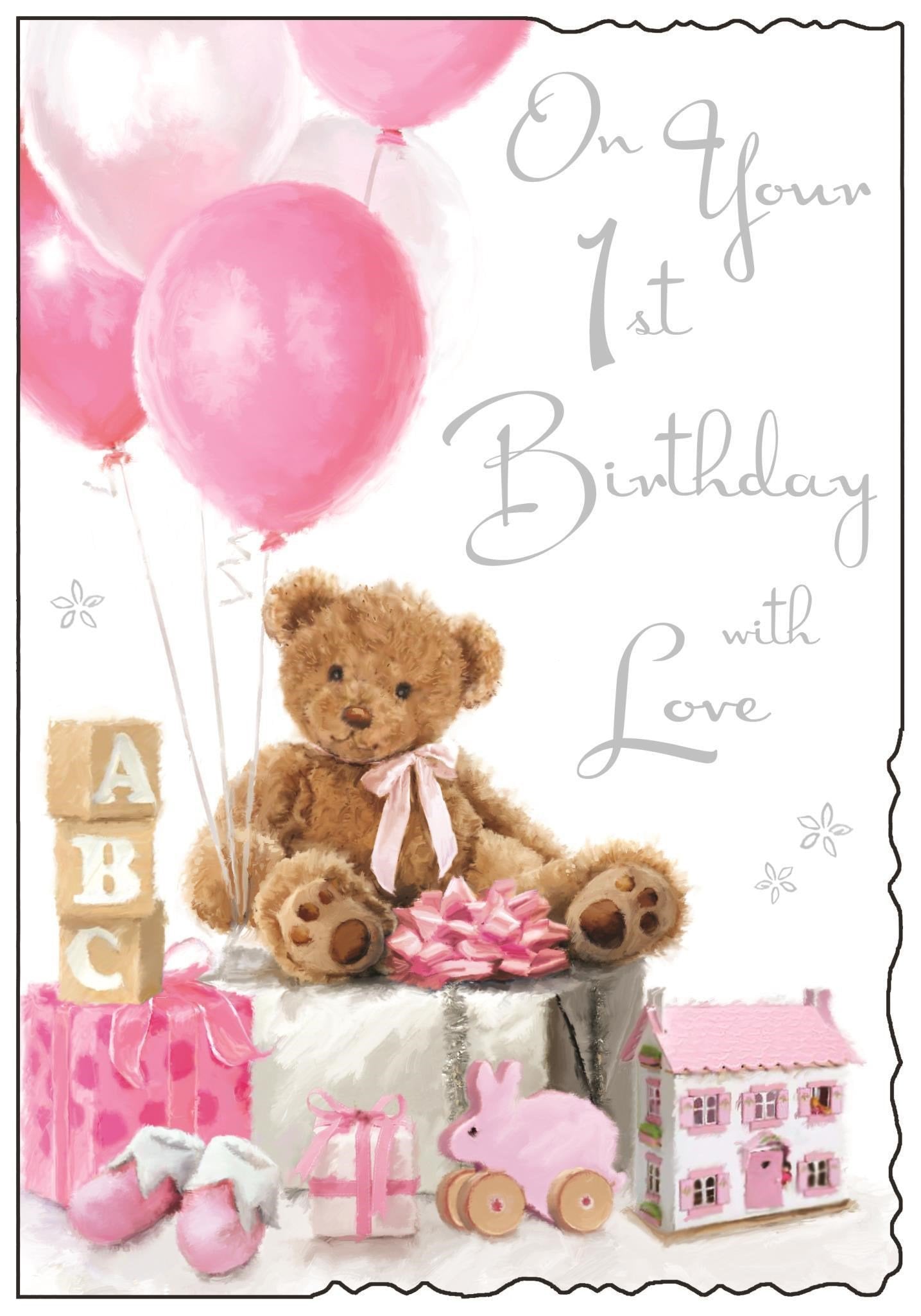 Front of 1st Birthday Girl Teddy Greetings Card