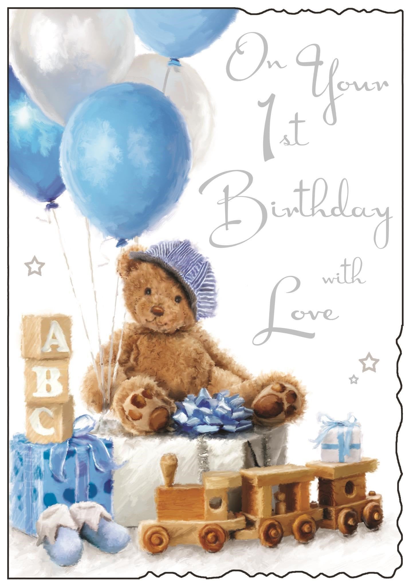 Front of 1st Birthday Boy Teddy Greetings Card