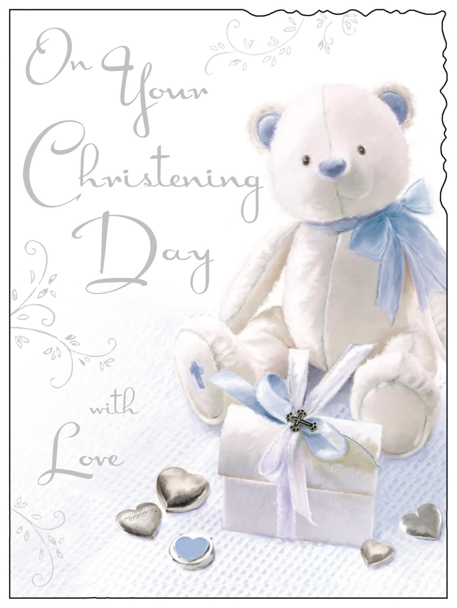 Front of Christening Boy Teddy Greetings Card
