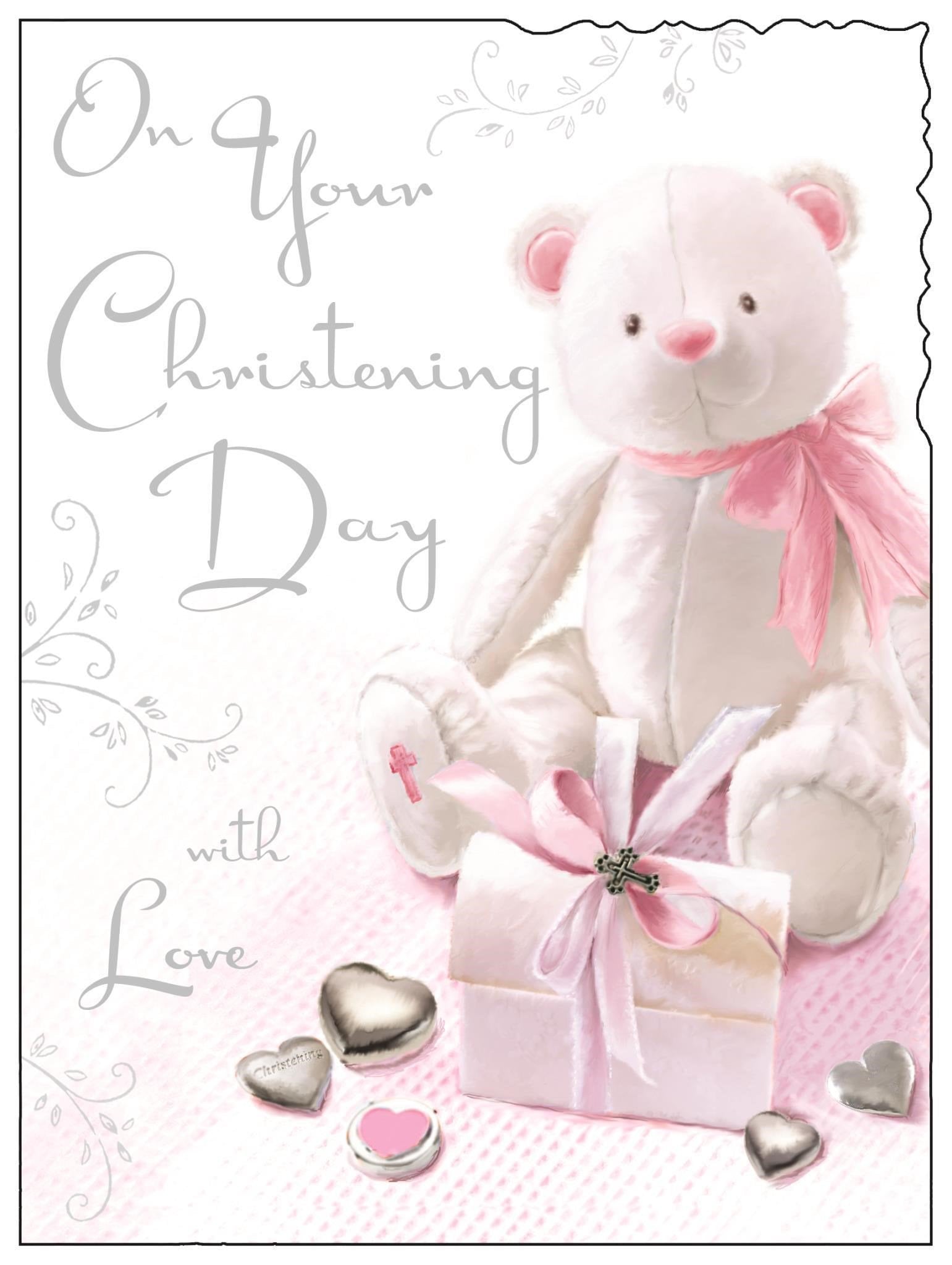 Front of Christening Girl Teddy Greetings Card