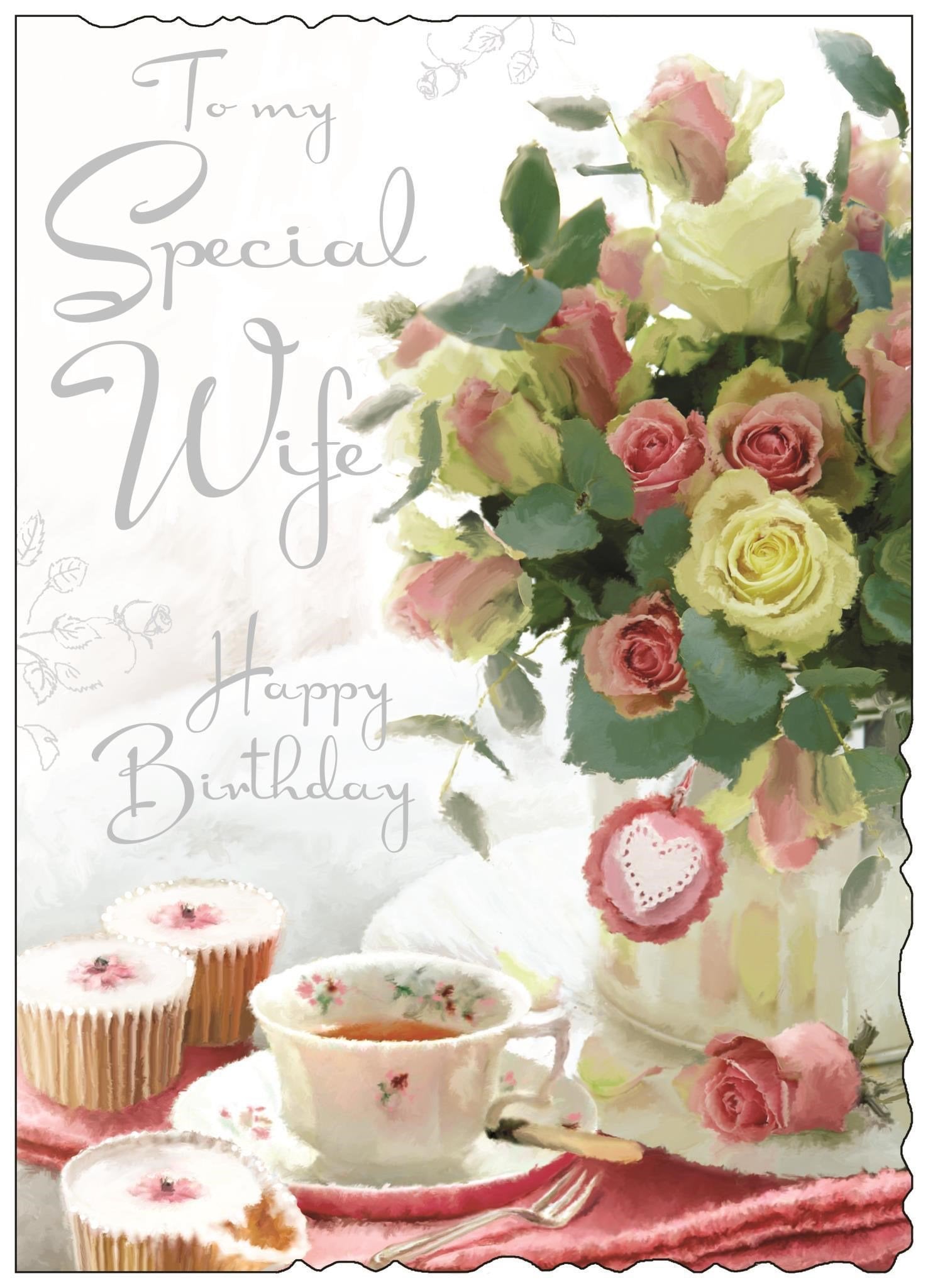 Front of Wife Birthday Flowers Vase Greetings Card