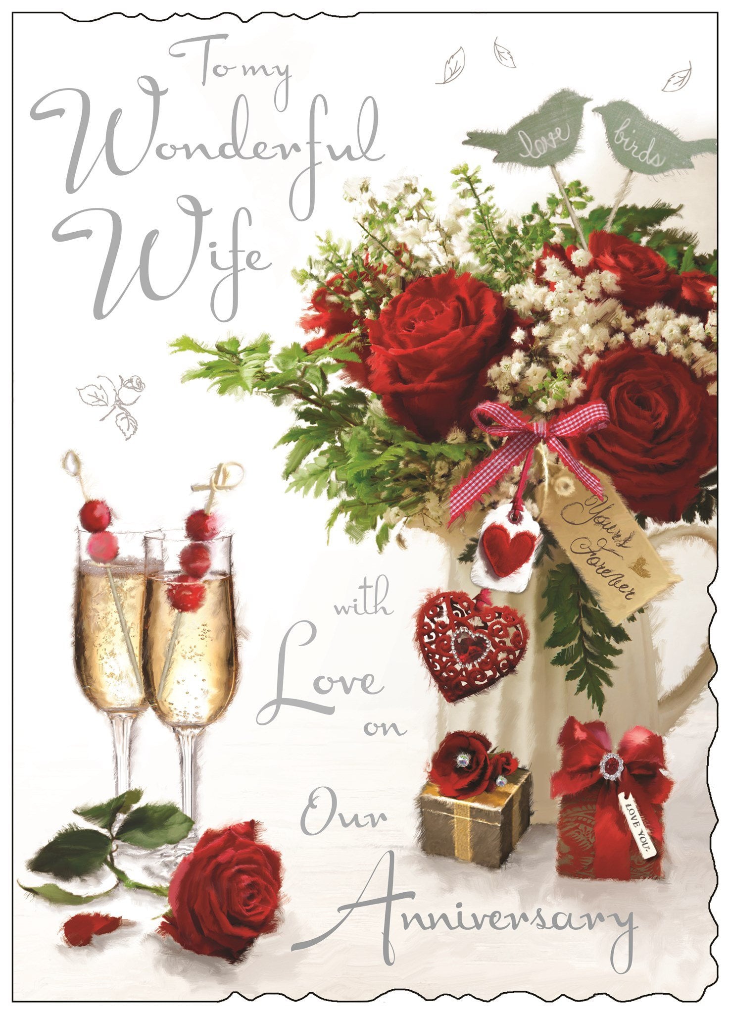 Front of Wife Anniversary Love Birds Greetings Card