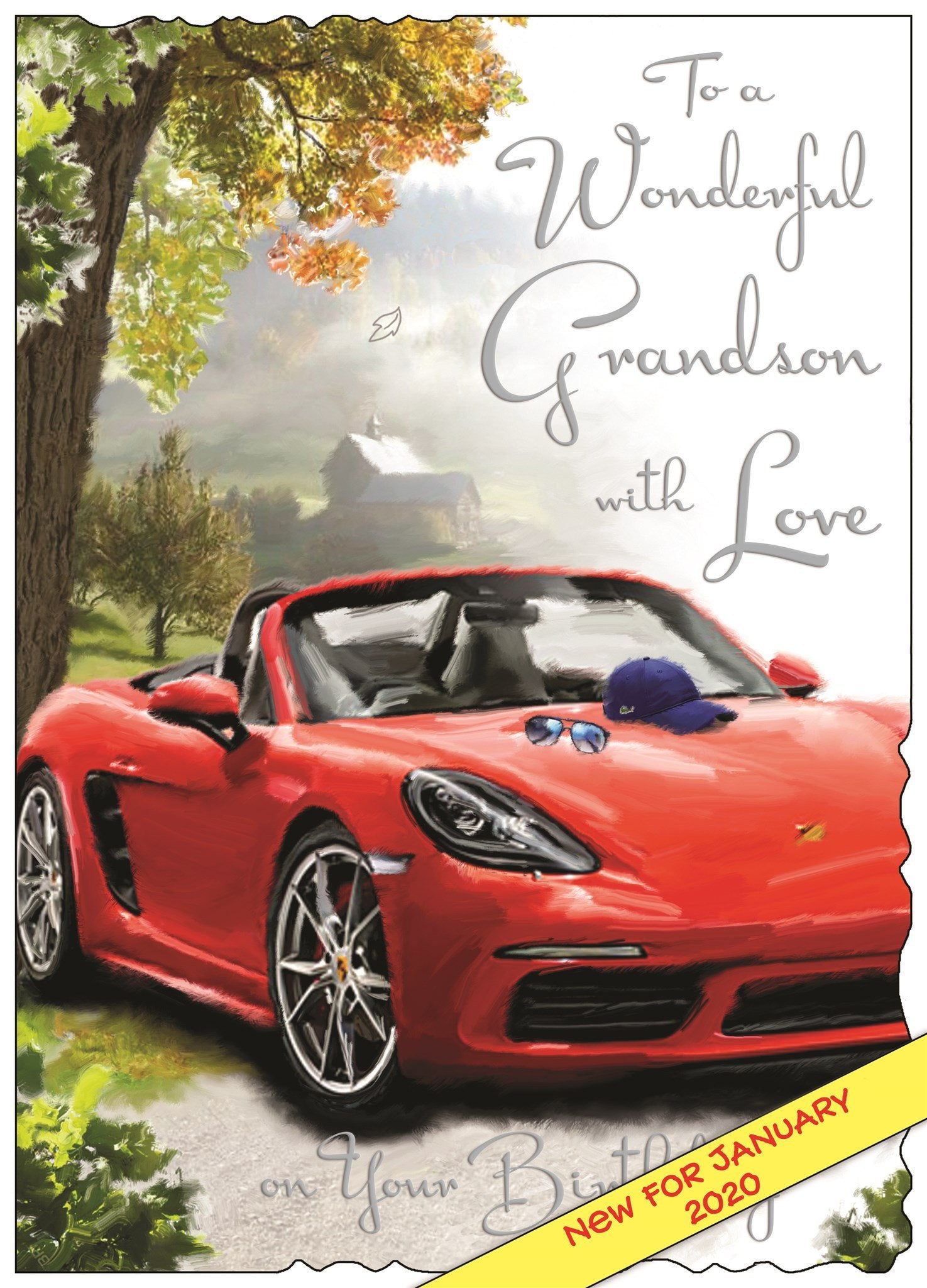 Front of Grandson Sports Car Greetings Card