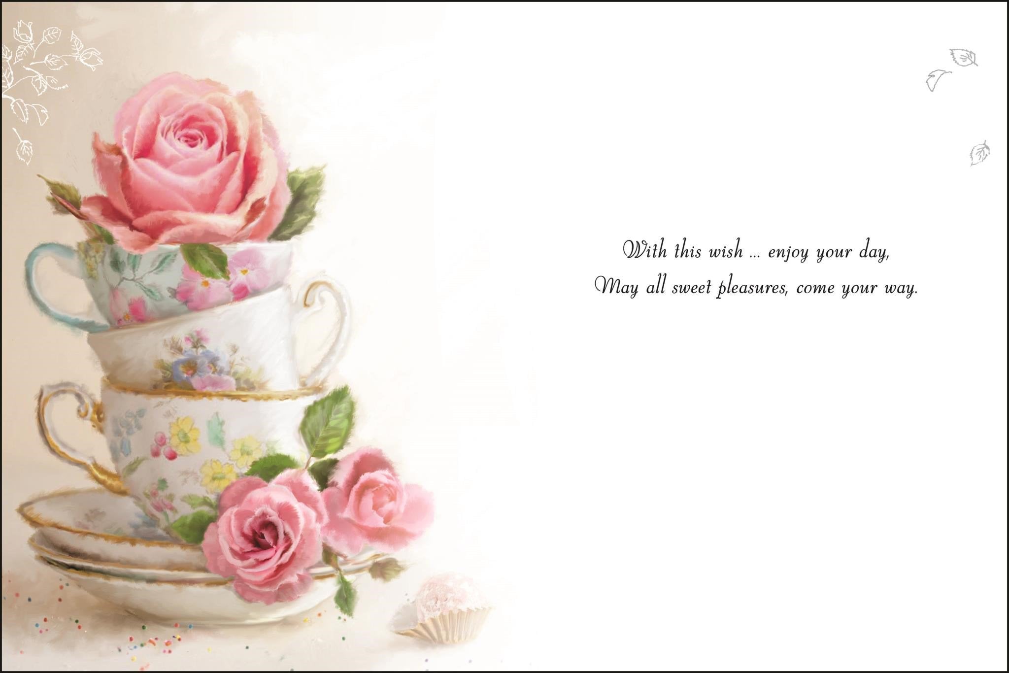 Inside of Open Female Birthday Teacups Greetings Card