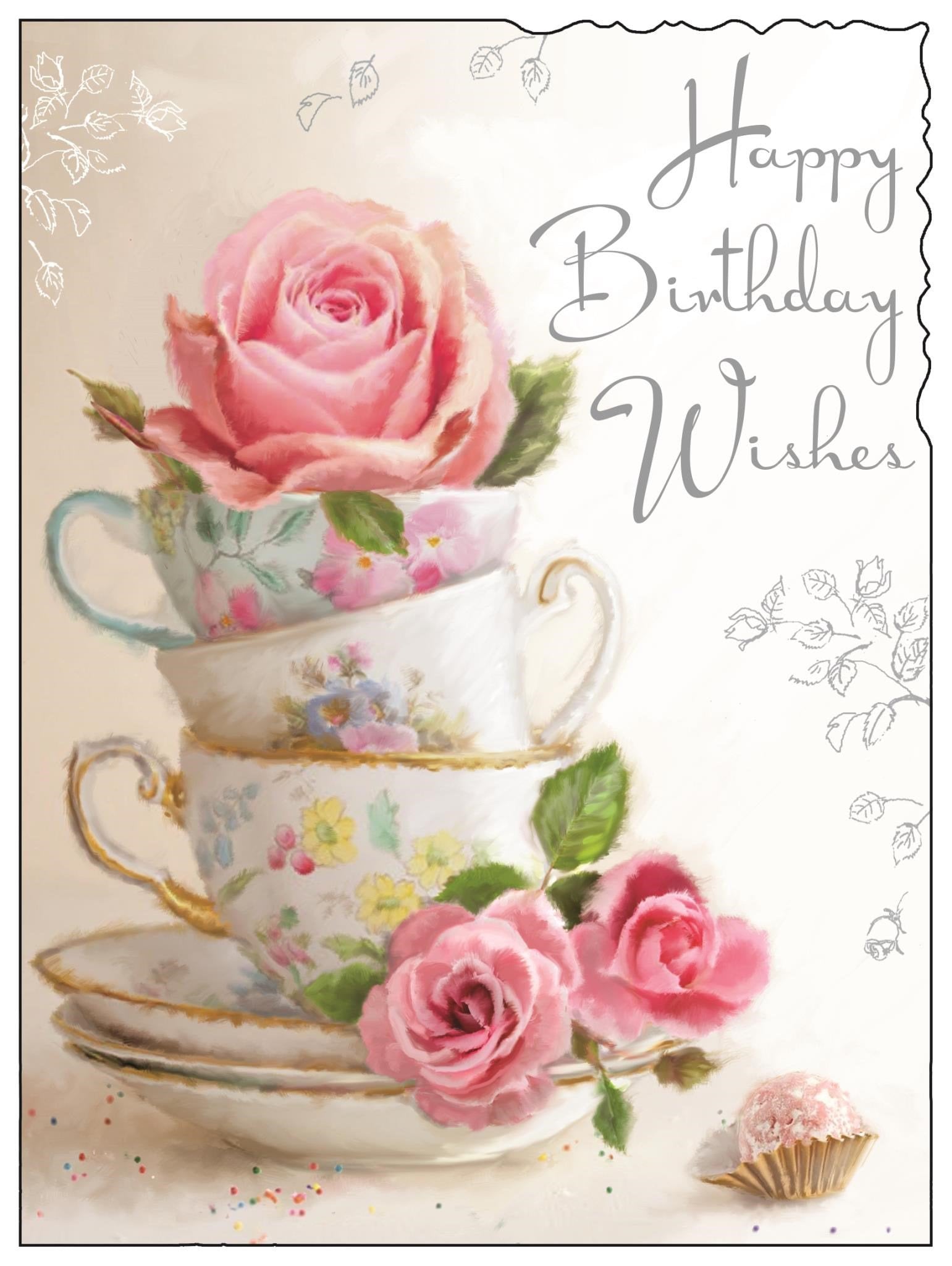 Front of Open Female Birthday Teacups Greetings Card