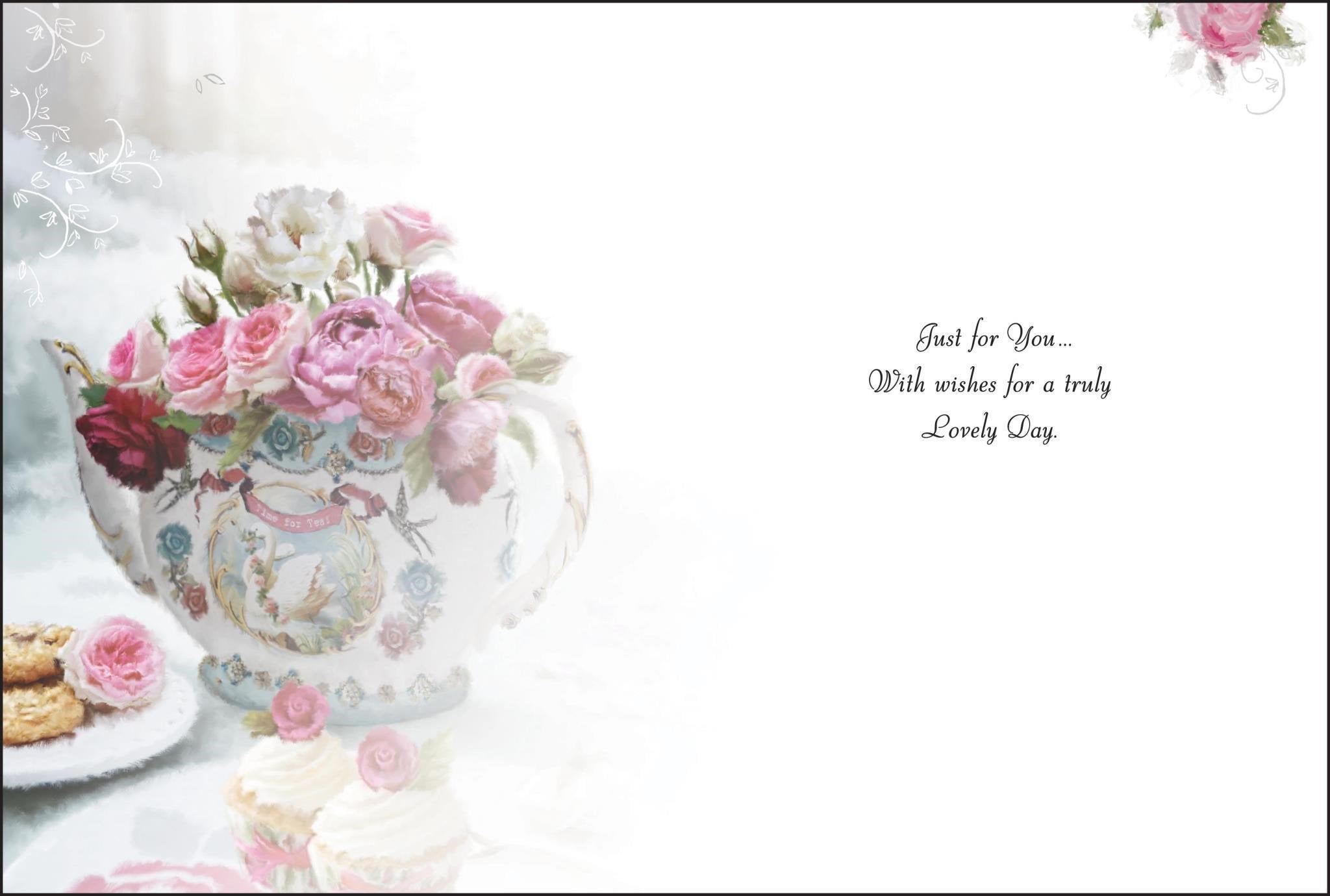 Inside of Open Female Birthday Teapot Greetings Card