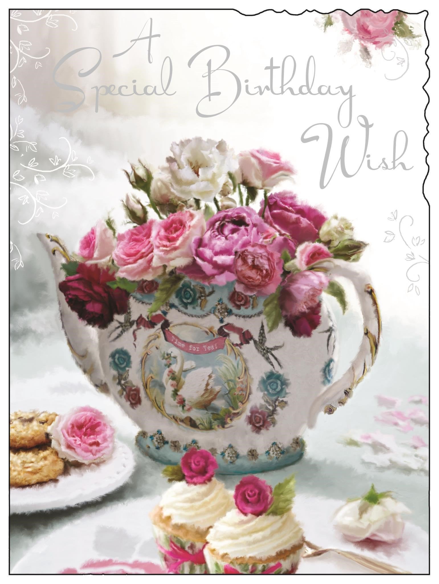 Front of Open Female Birthday Teapot Greetings Card