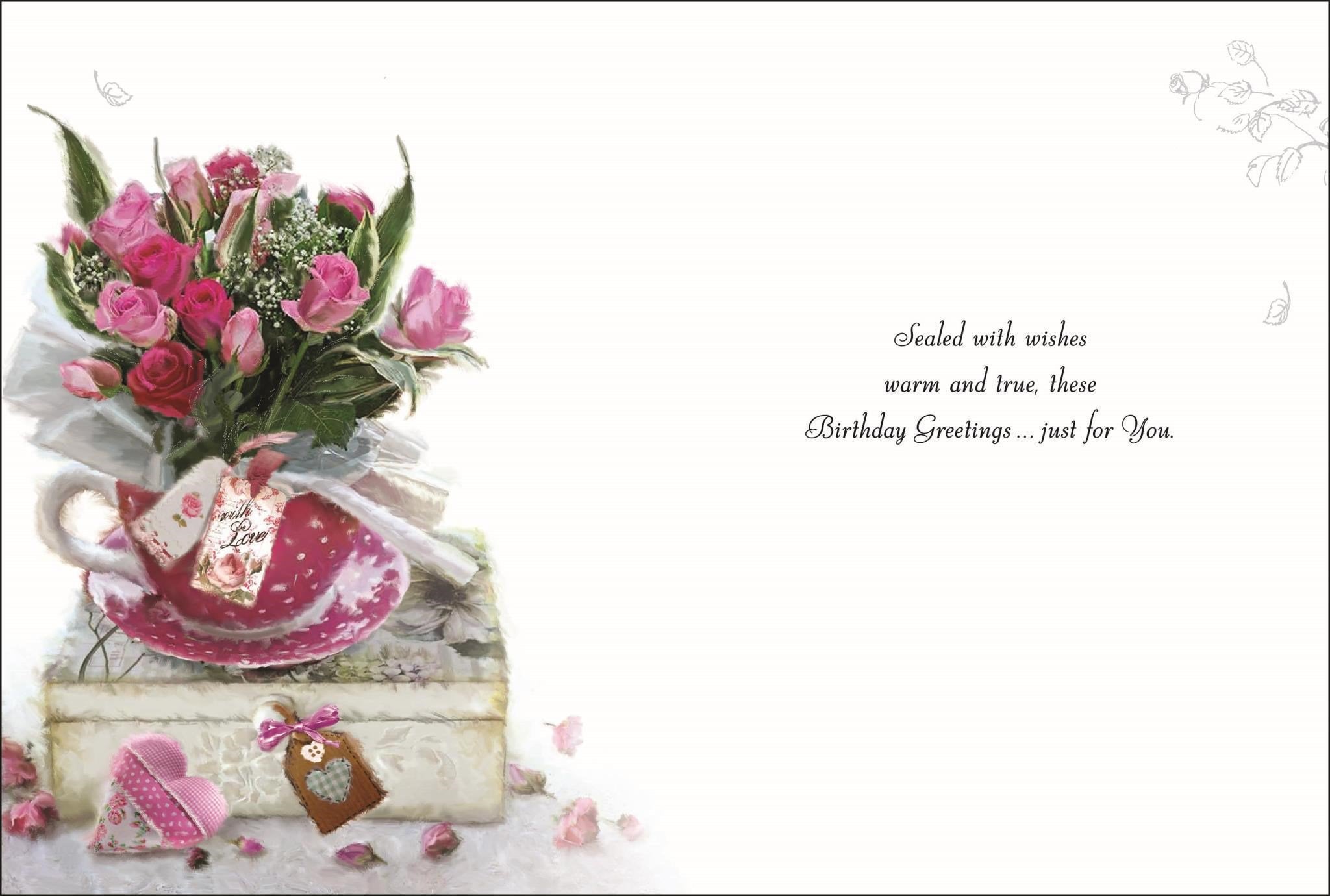 Inside of Open Birthday Roses In Teacup Greetings Card