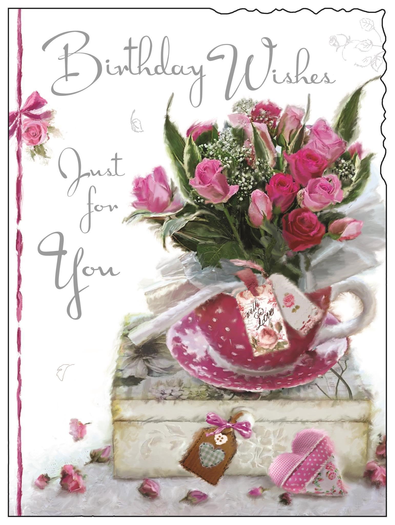 Front of Open Birthday Roses In Teacup Greetings Card