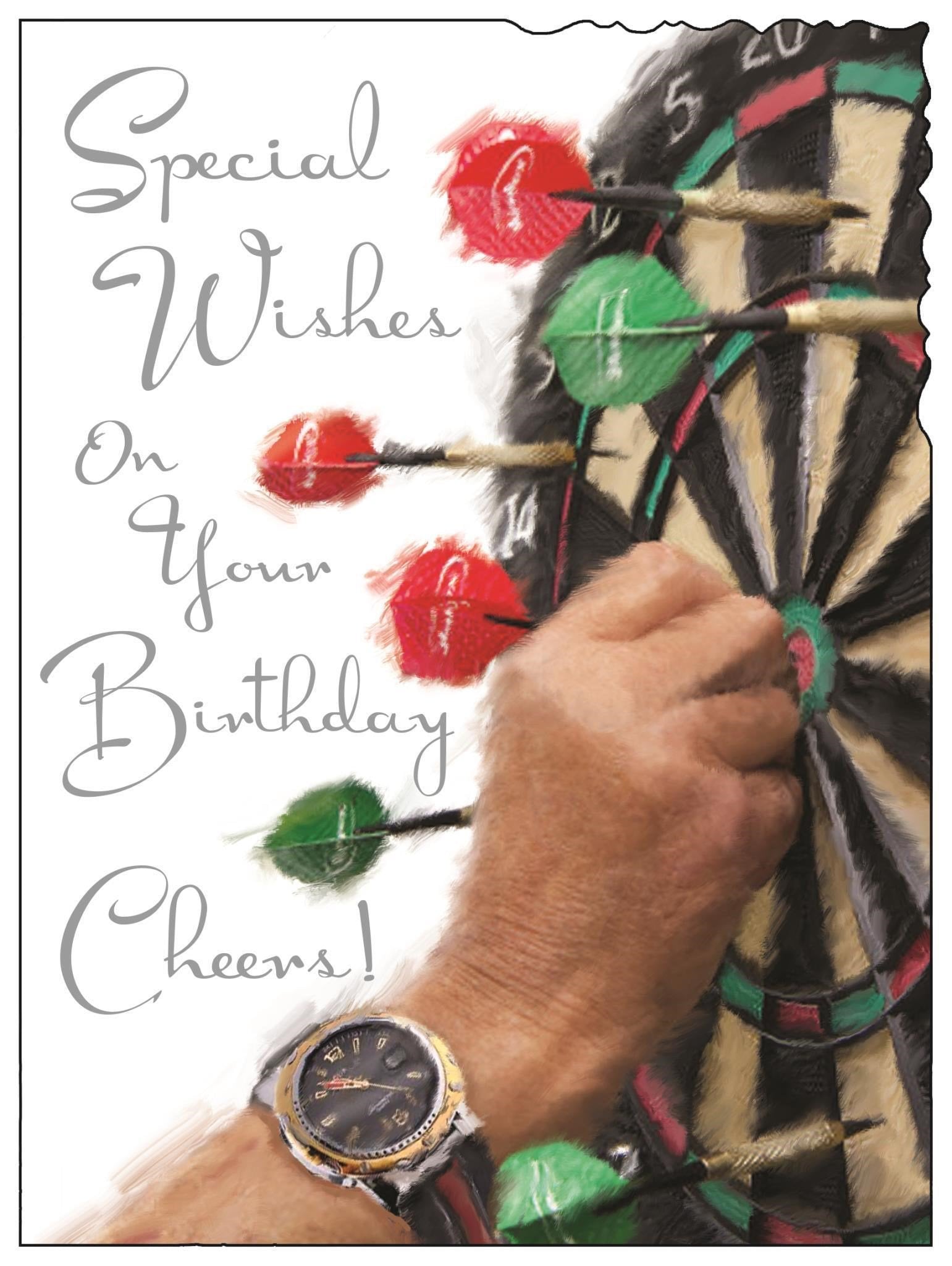 Front of Open Birthday Darts Greetings Card