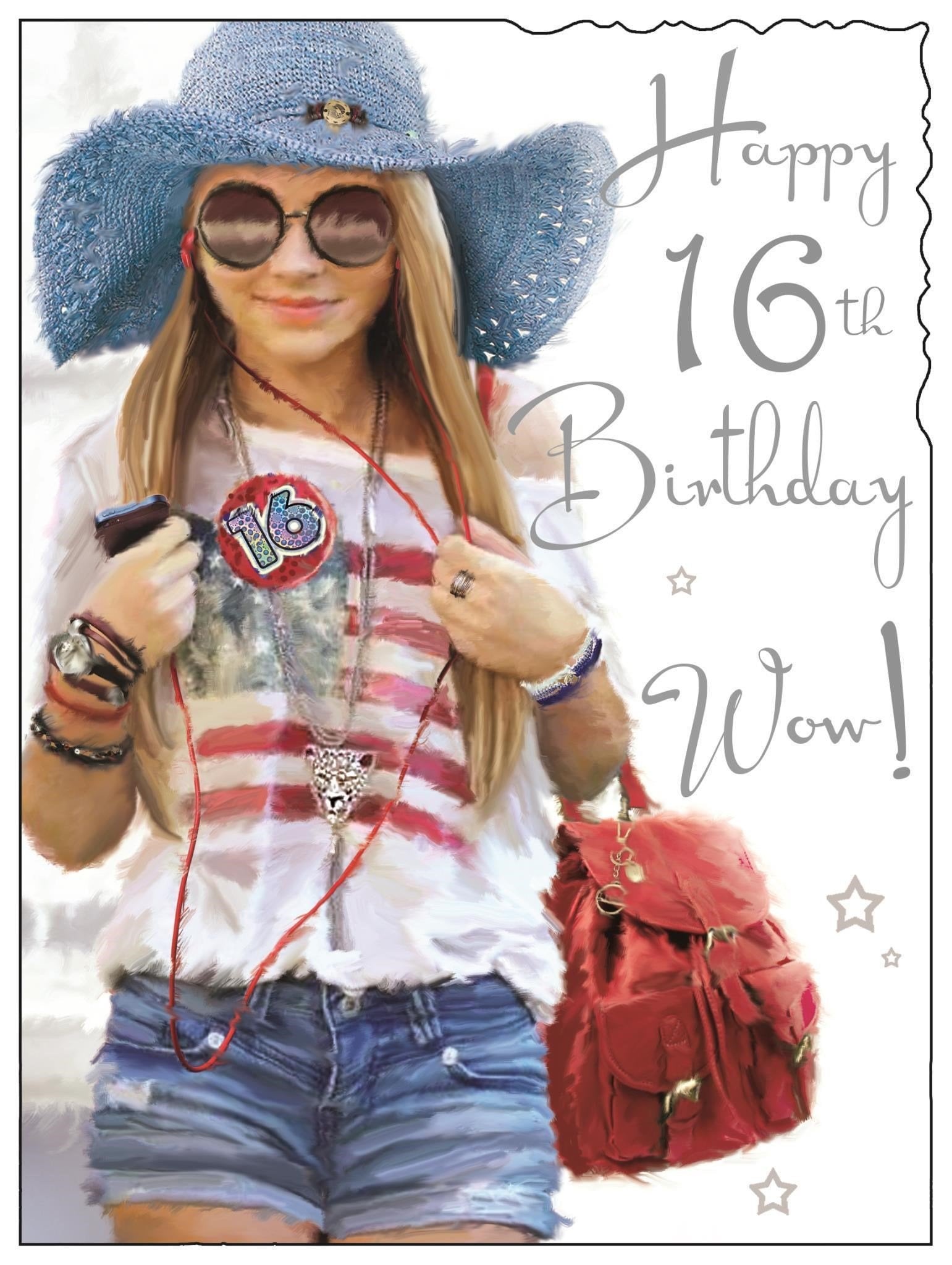 Front of 16th Birthday Girl with Badge Greetings Card