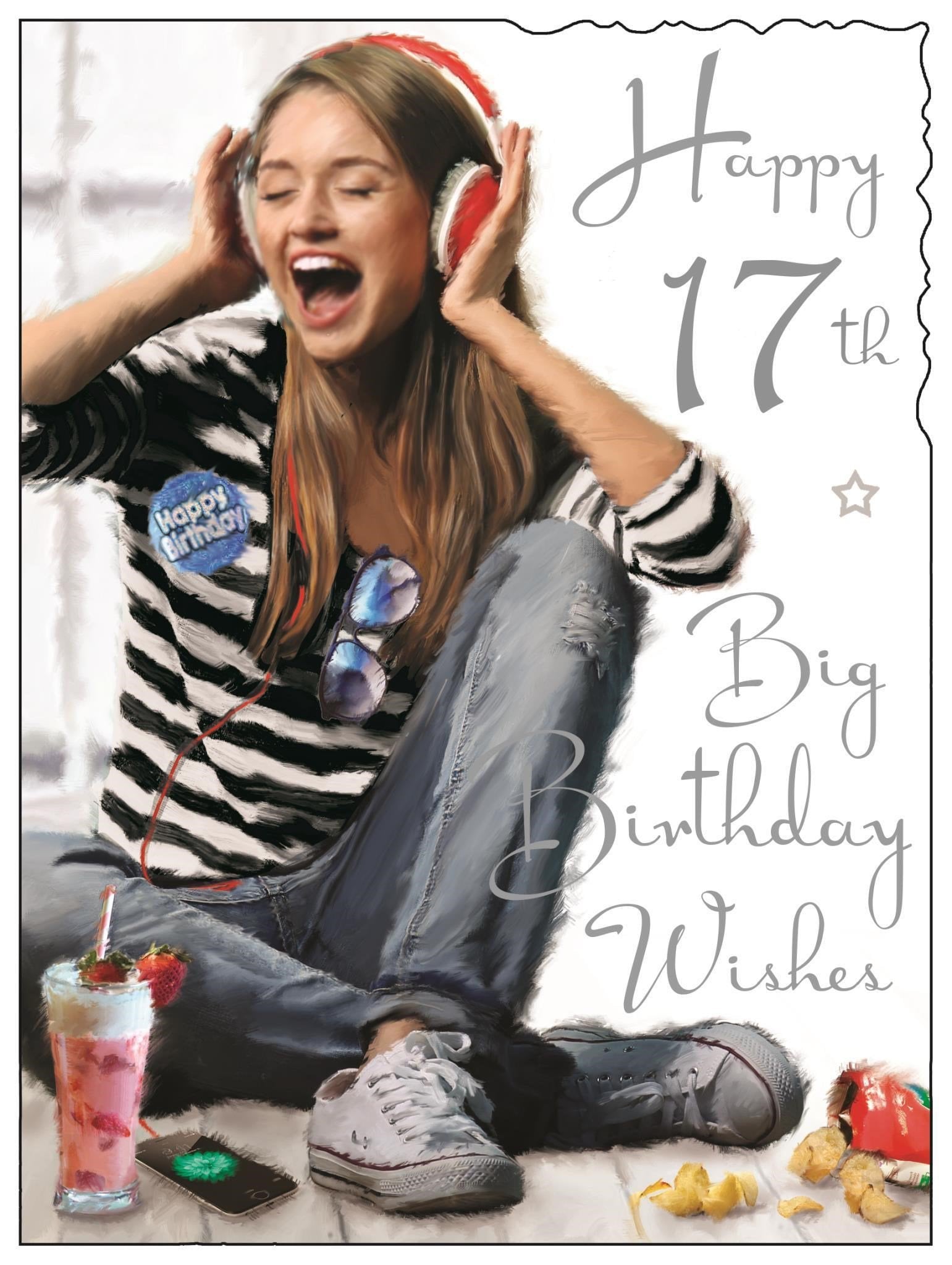 Front of 17th Birthday Headphones Greetings Card