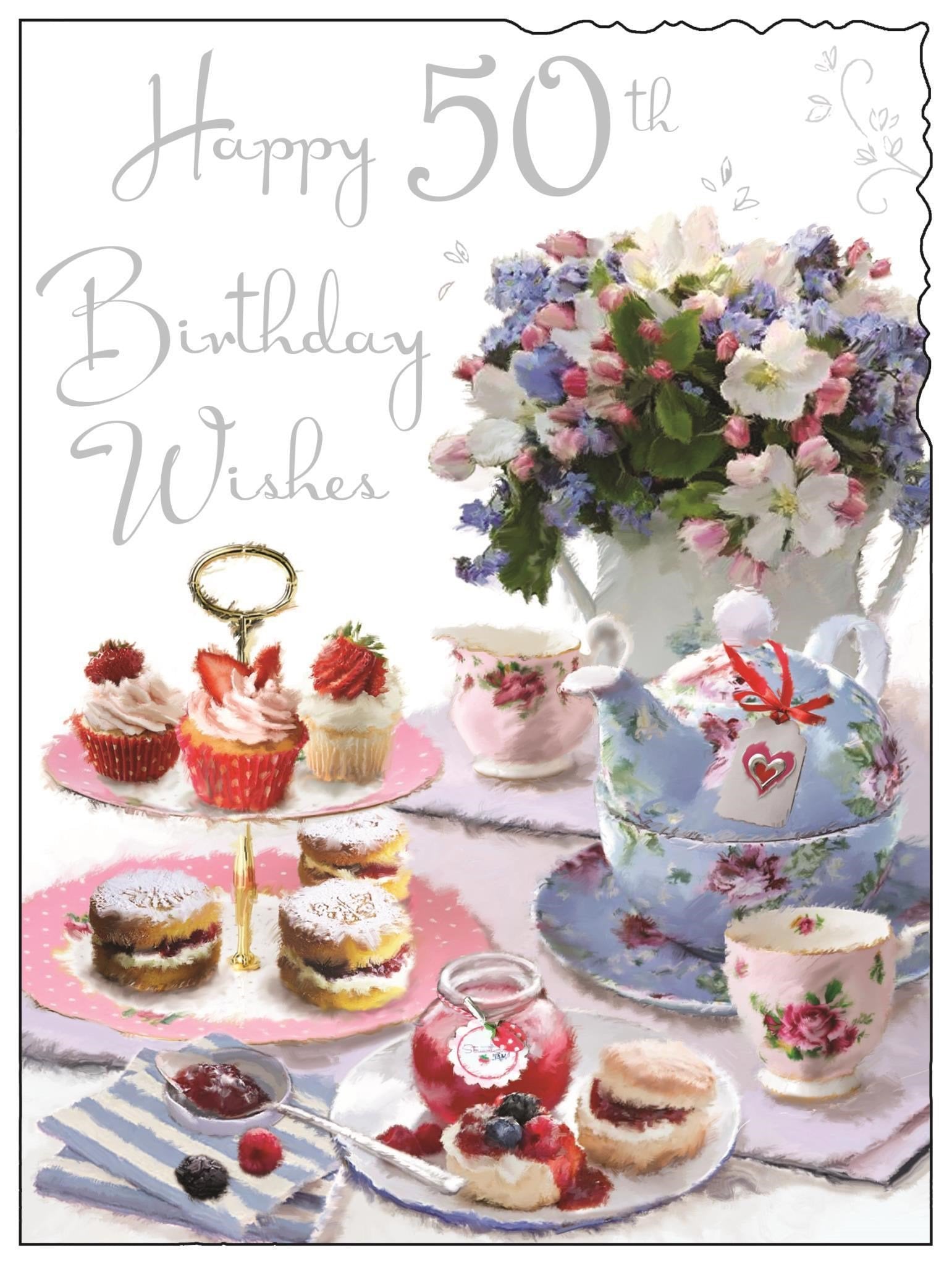 Front of 50th Birthday Afternoon Tea Greetings Card