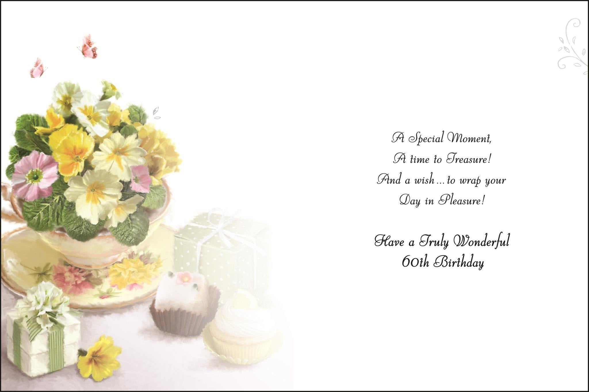 Inside of 60th Birthday Cakes Flowers Greetings Card