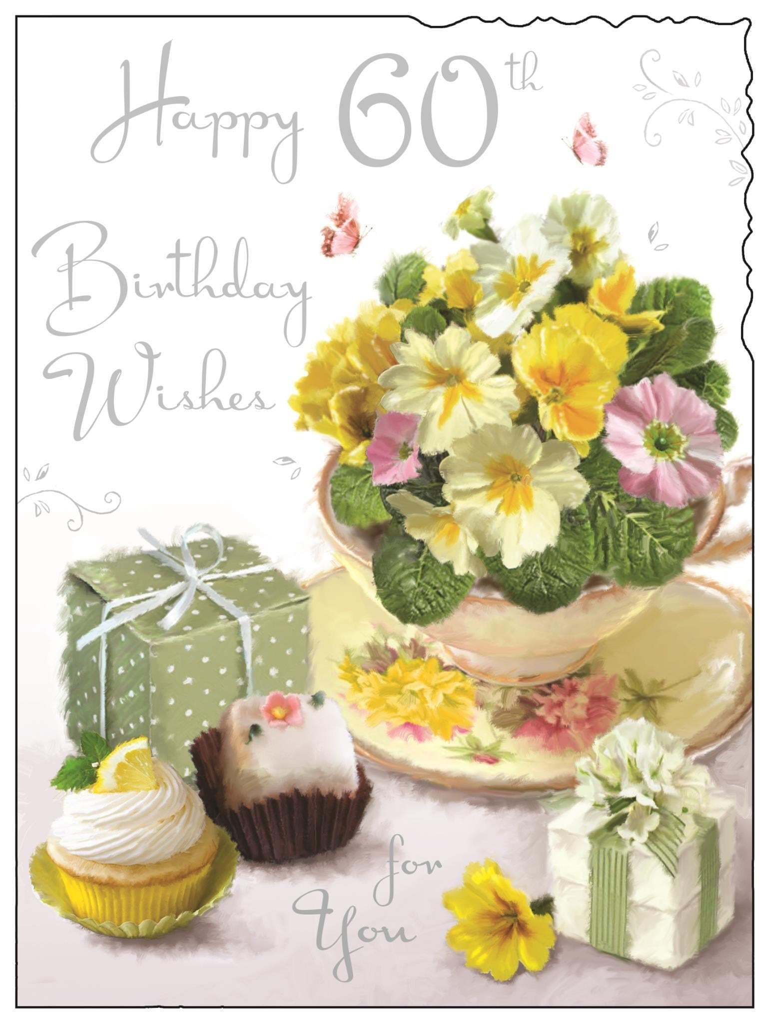 Front of 60th Birthday Cakes Flowers Greetings Card