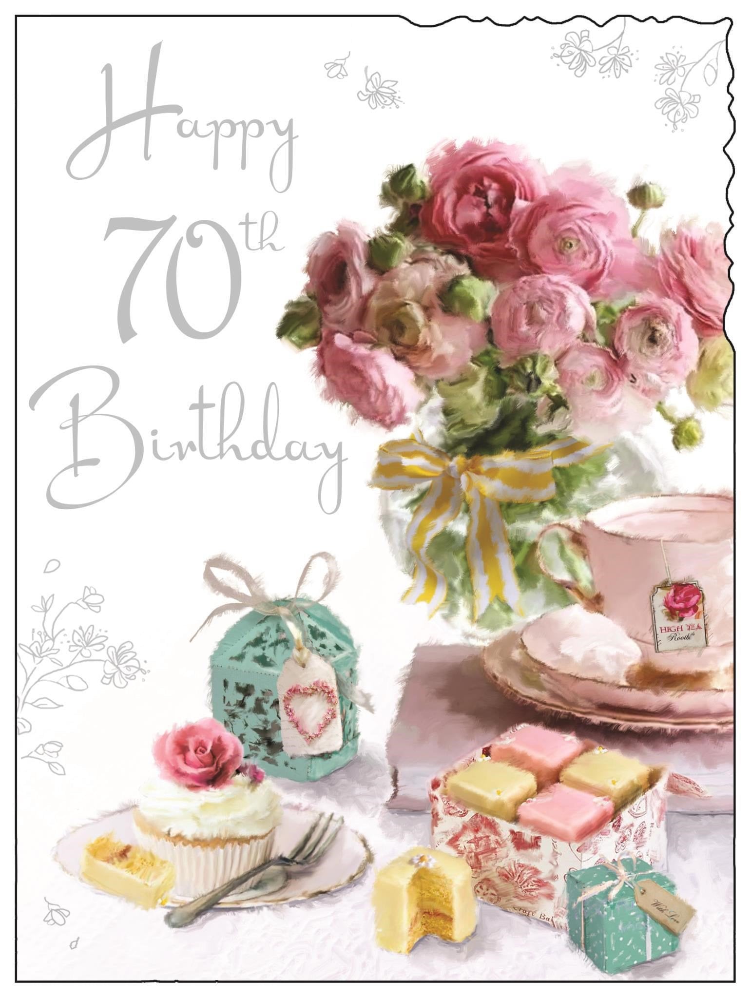 Front of 70th Birthday Cakes Flowers Greetings Card