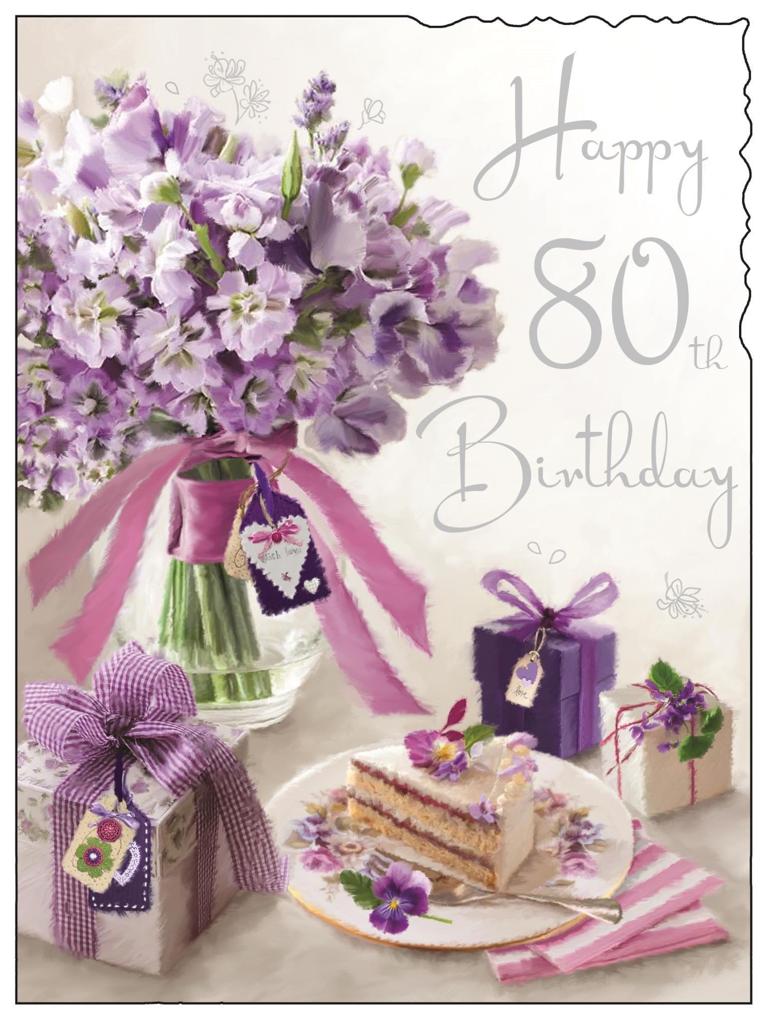 Front of 80th Birthday Bouquet Cake Greetings Card