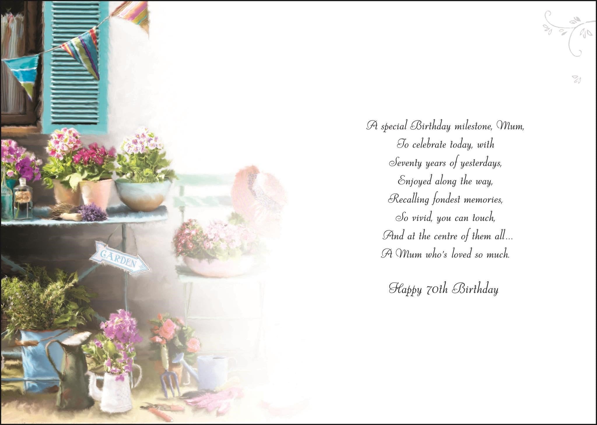 Inside of Mum 70th Birthday Flower Pots Greetings Card
