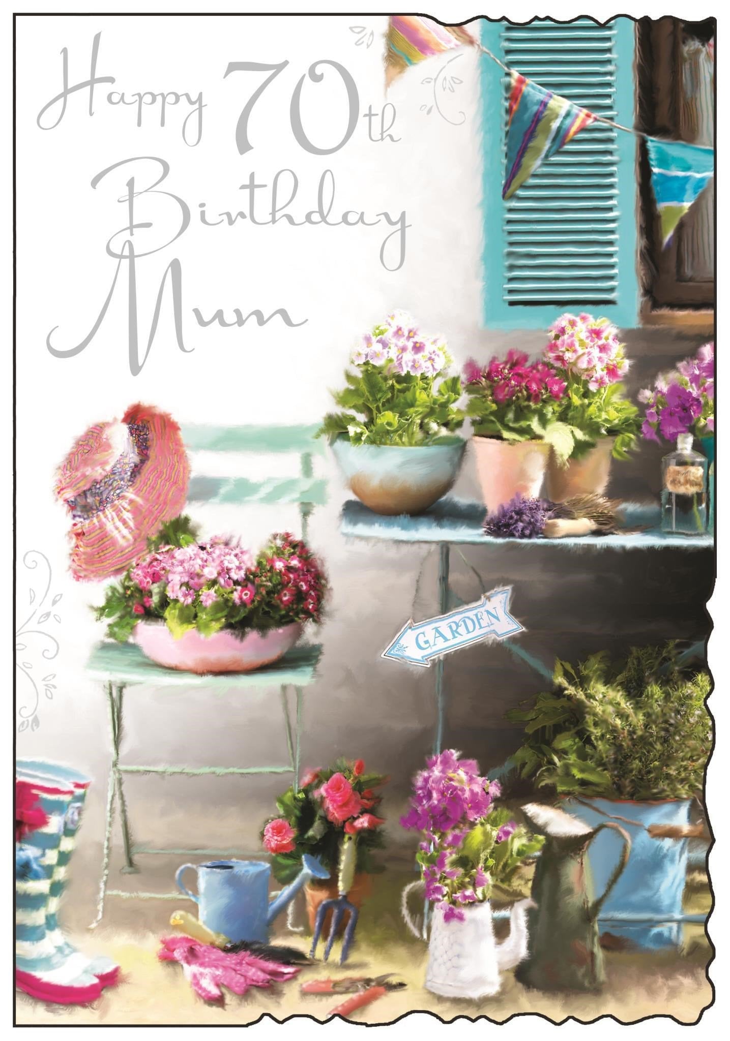 Front of Mum 70th Birthday Flower Pots Greetings Card