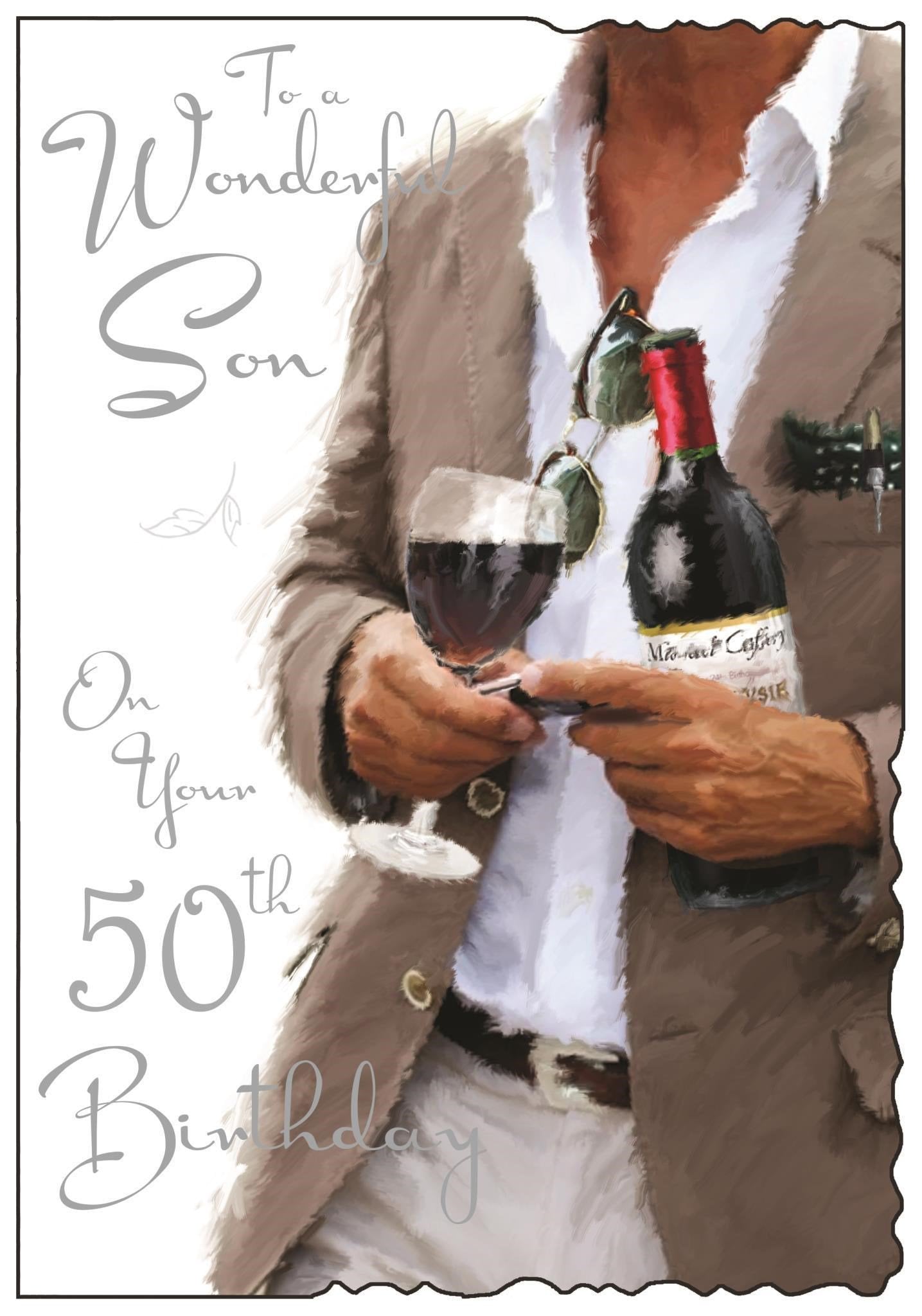 Front of Son 50th Birthday Wine Greetings Card