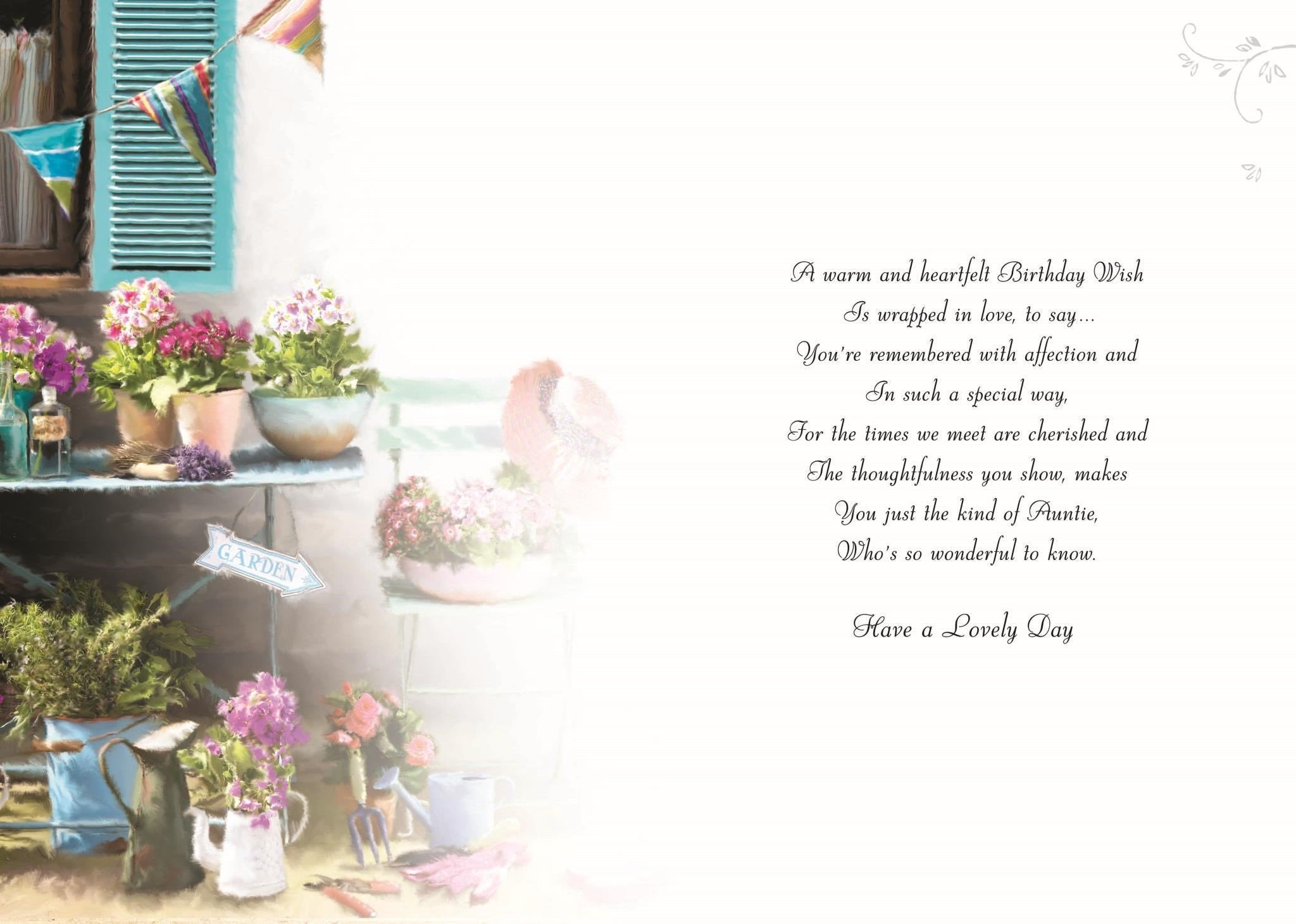 Inside of Auntie Birthday Flowers Table Greetings Card