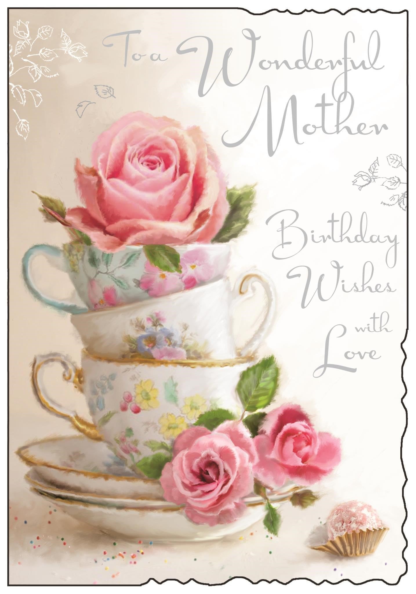 Front of Mother Birthday Stack of Teacups Greetings Card