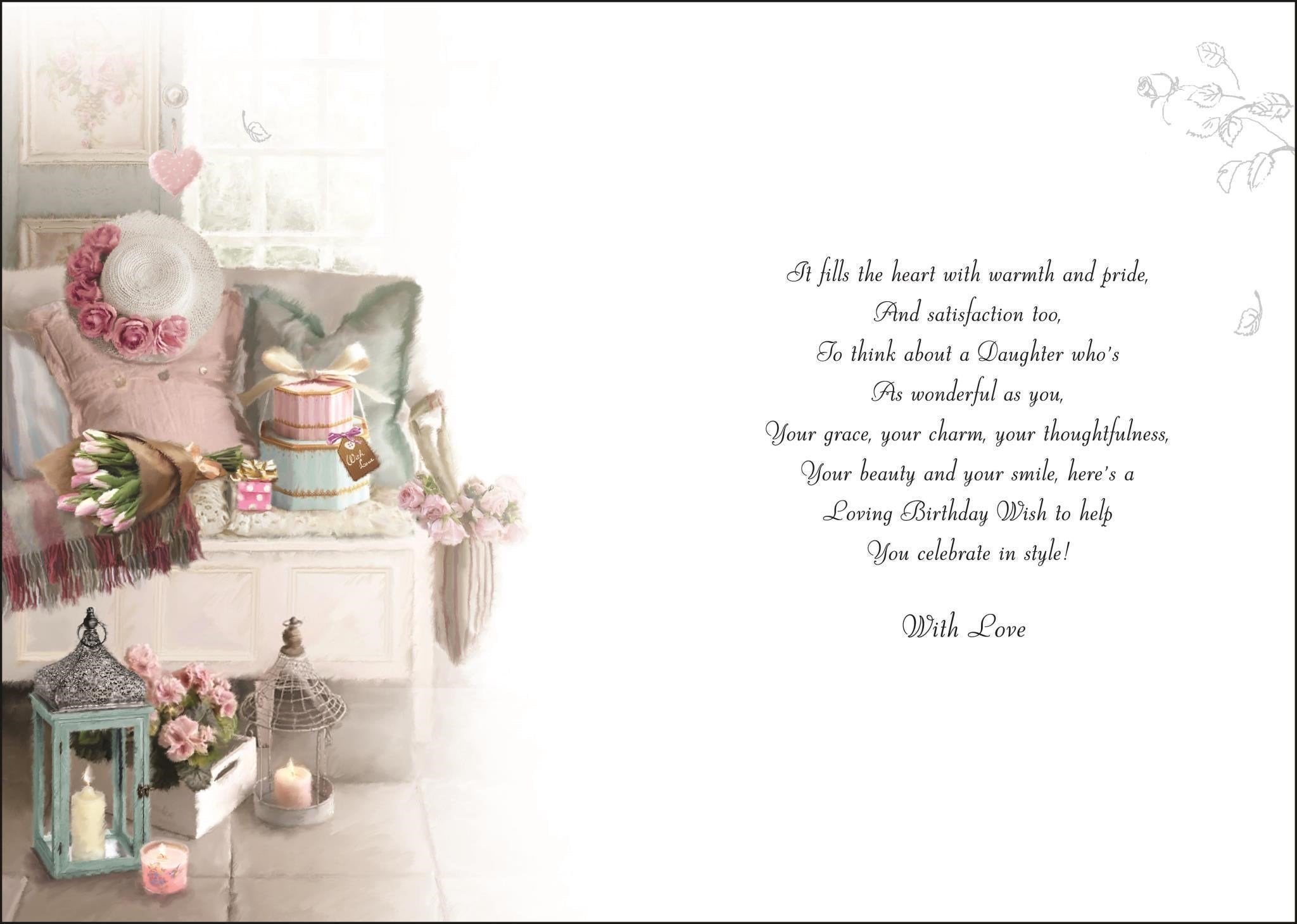 Inside of Daughter Bench & Lanterns Birthday Greetings Card