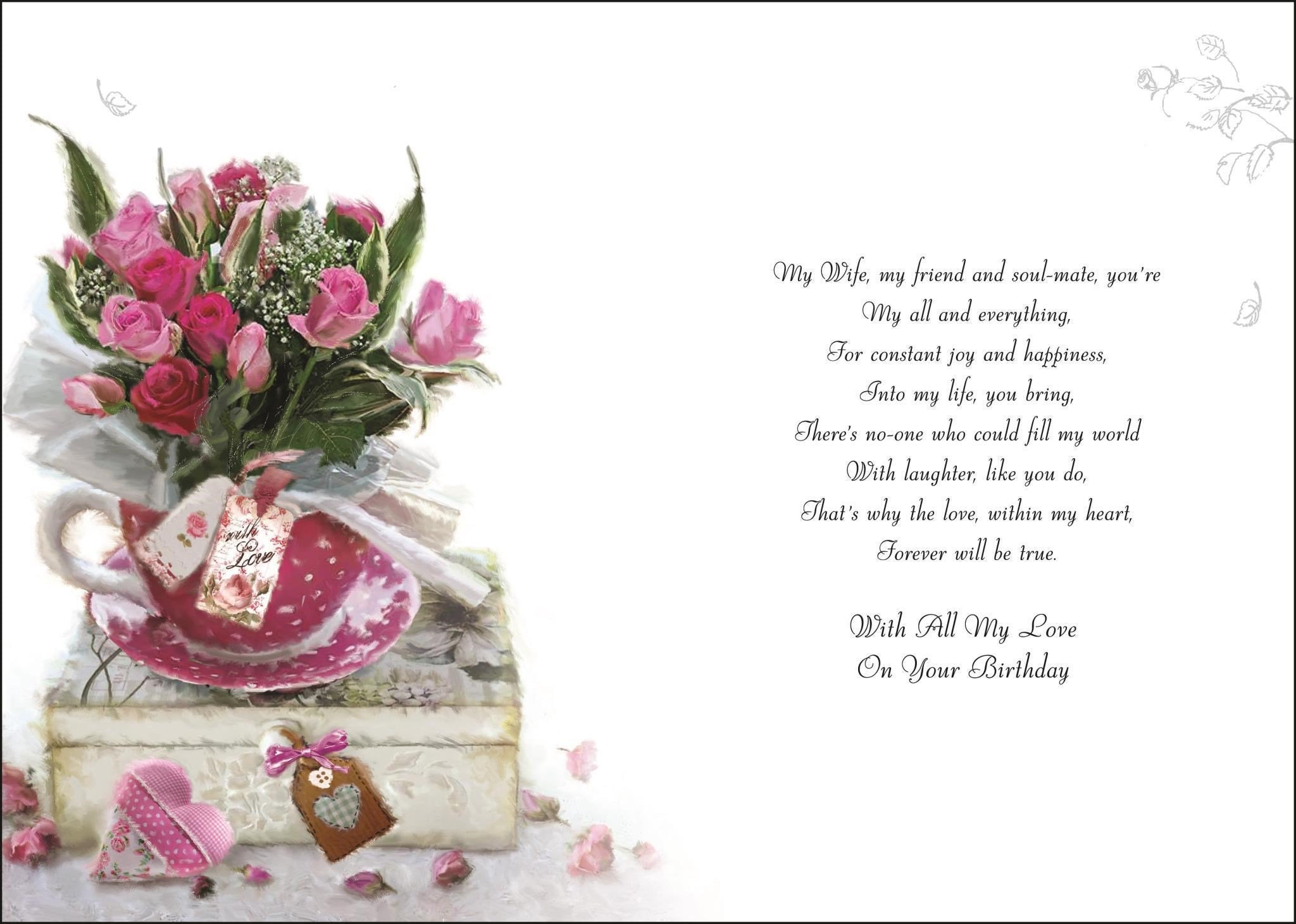 Inside of Wife Roses in Teacup Birthday Greetings Card