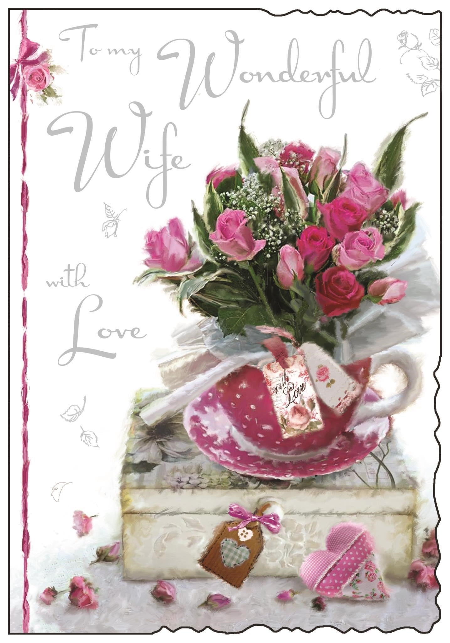 Front of Wife Roses in Teacup Birthday Greetings Card